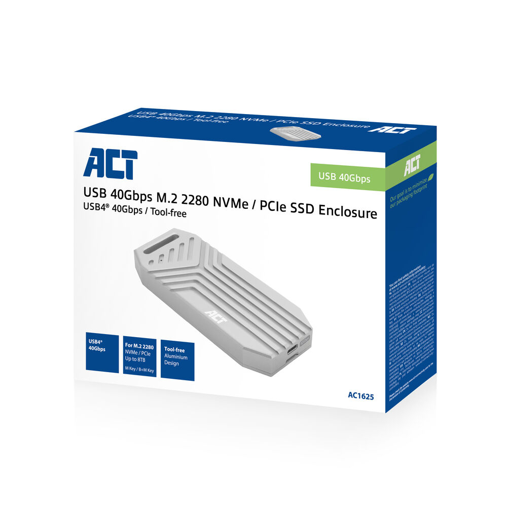 Box für ein USB 40 Gbit/s M.2 2280 NVMe / PCIe SSD-Gehäuse. Weißes Produkt mit dem ACT-Logo. Blaue und weiße Box.