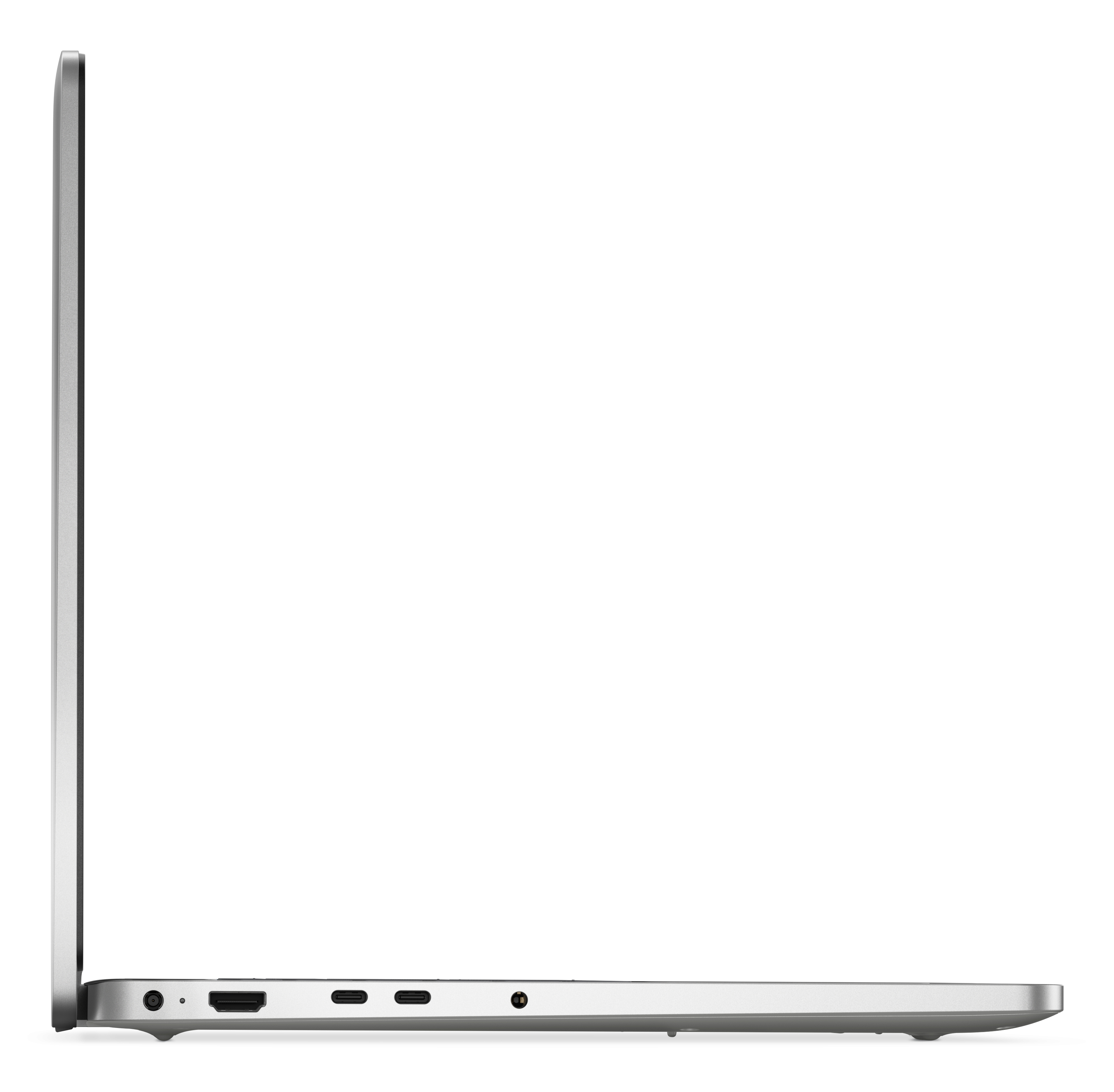 Widok z boku srebrnego laptopa. Widoczne porty to wejście zasilania, HDMI i USB-C. Laptop jest otwarty.