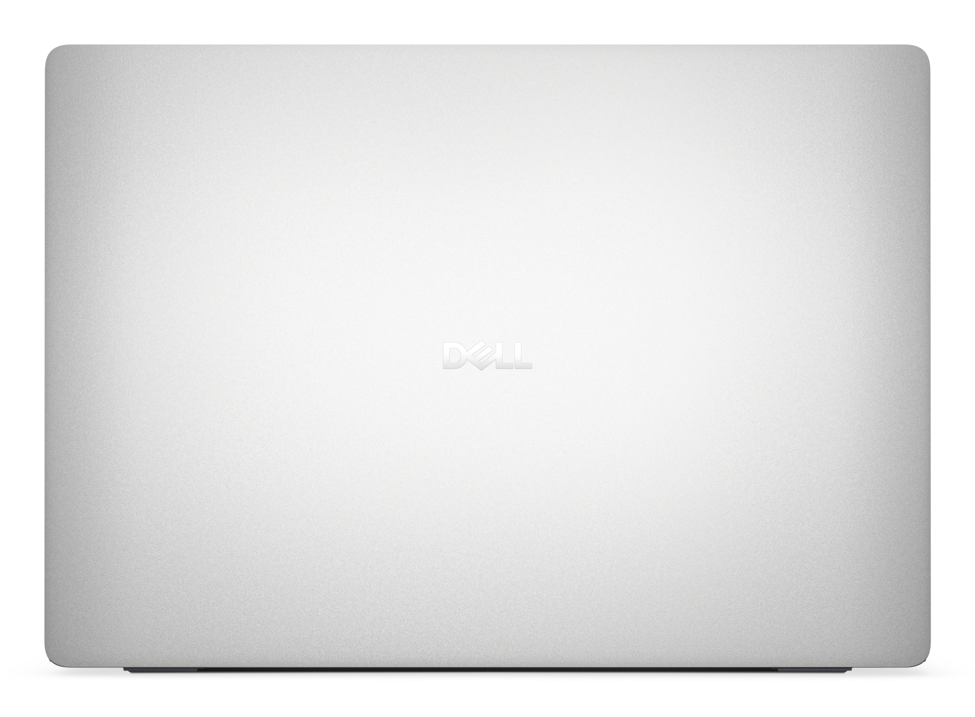 Srebrna pokrywa laptopa z logo Dell. Powierzchnia jest teksturowana. Krawędzie są zaokrąglone.