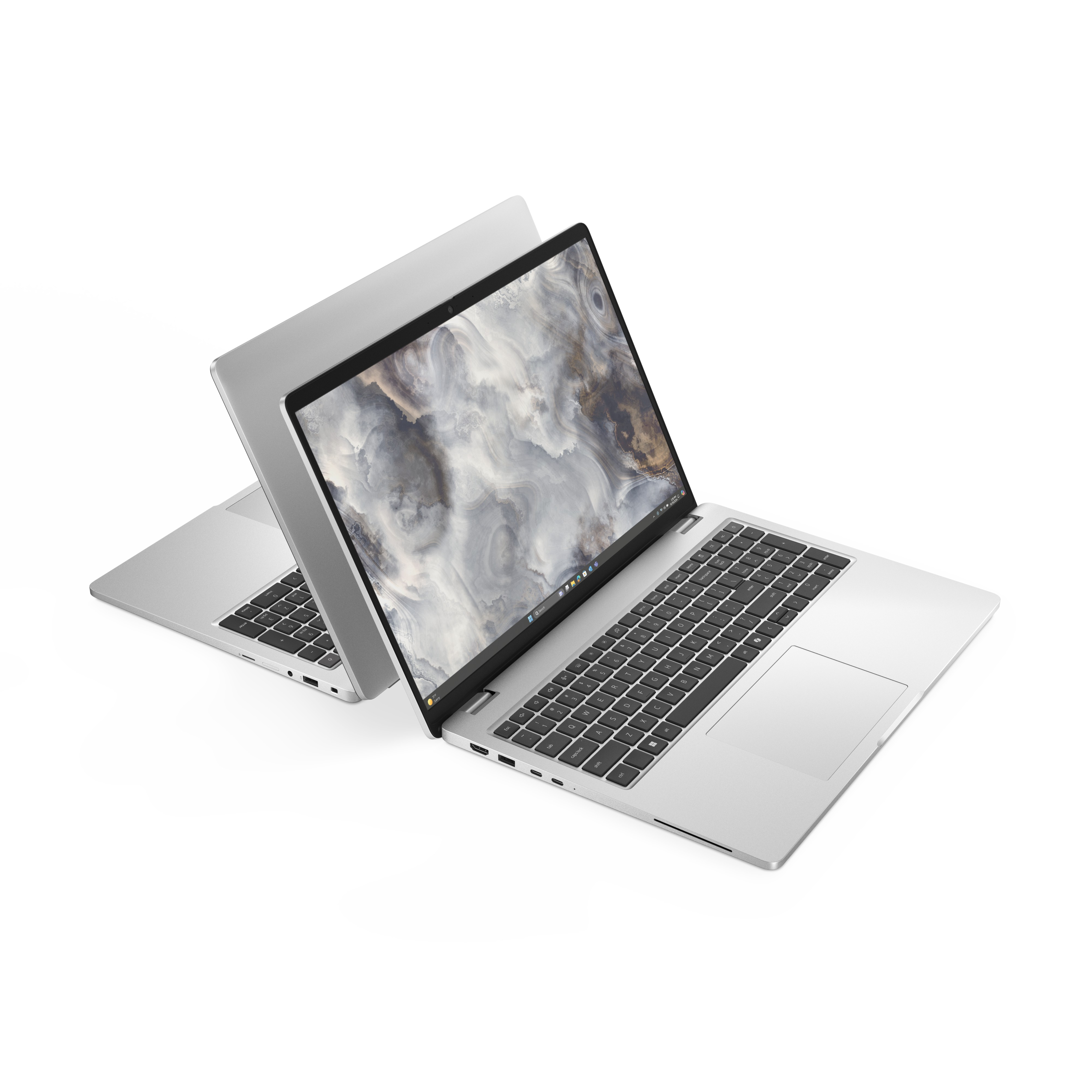 Wyświetlane są dwa srebrne laptopy. Jeden jest otwarty, pokazując ekran przypominający marmur.