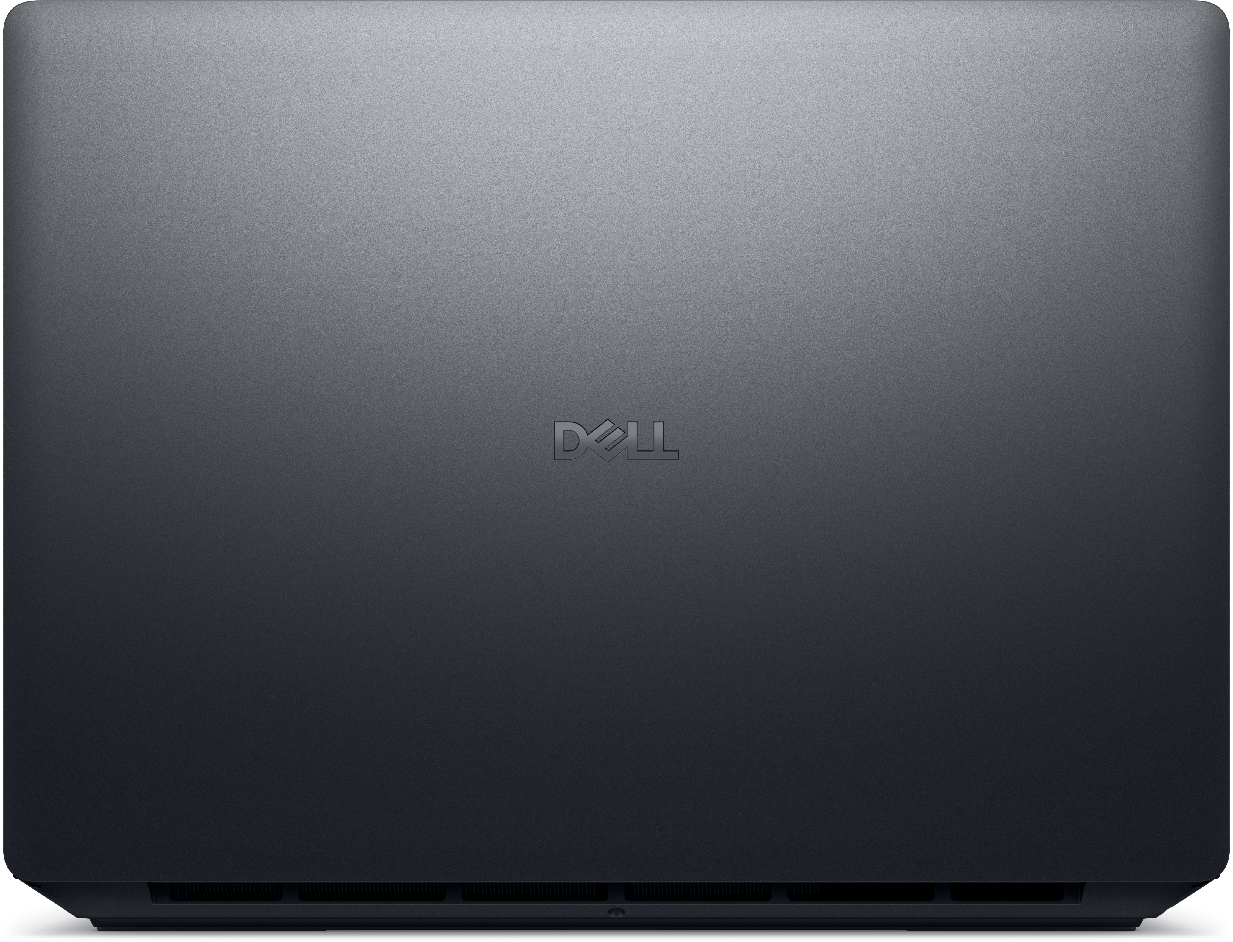 Ciemnoszara pokrywa laptopa z logo DELL. Powierzchnia jest teksturowana. Dolna krawędź ma otwory wentylacyjne.