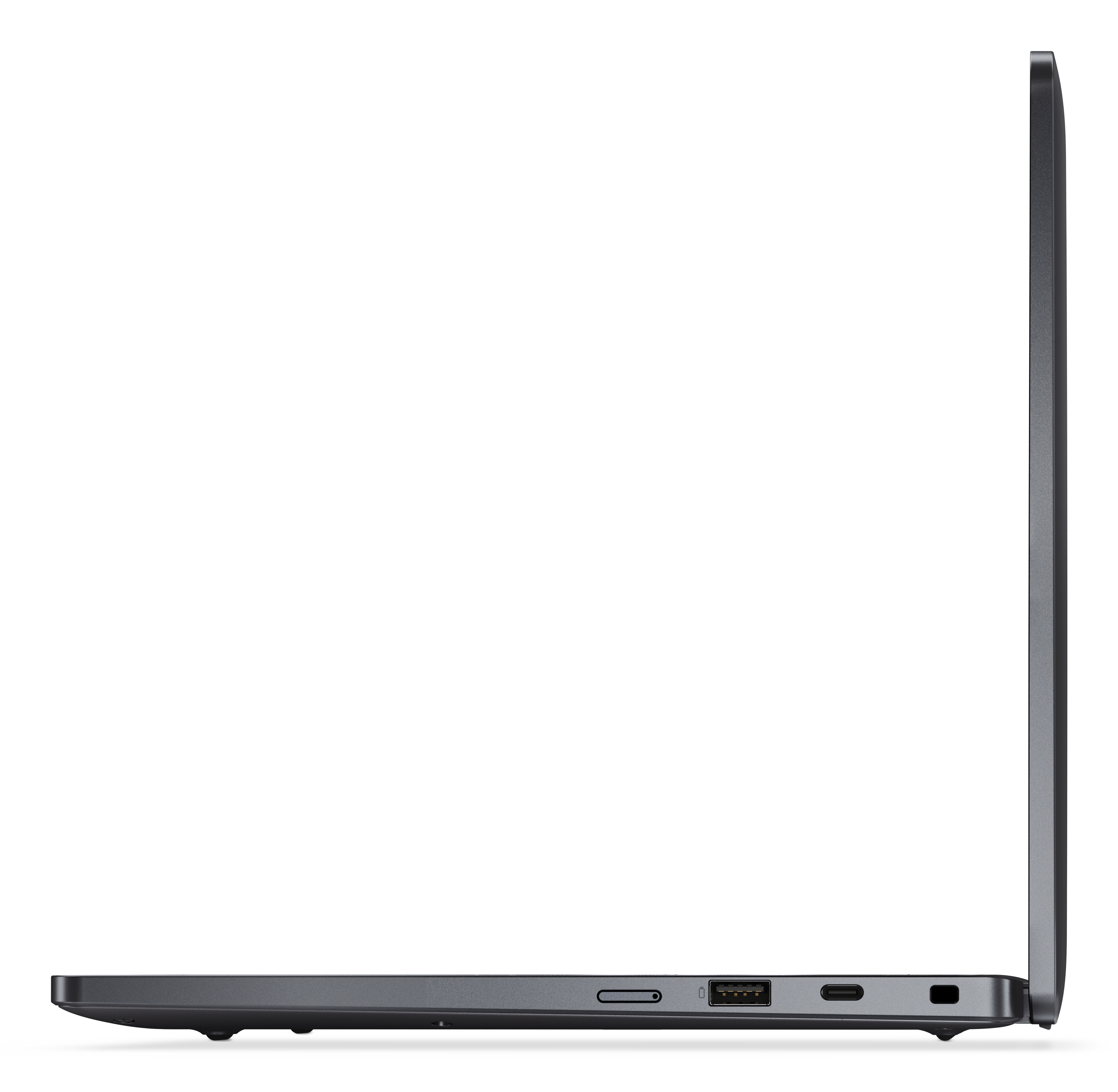 Seitenansicht eines dunkelgrauen Laptops. Anschlüsse sind sichtbar. Der Hintergrund ist weiß.