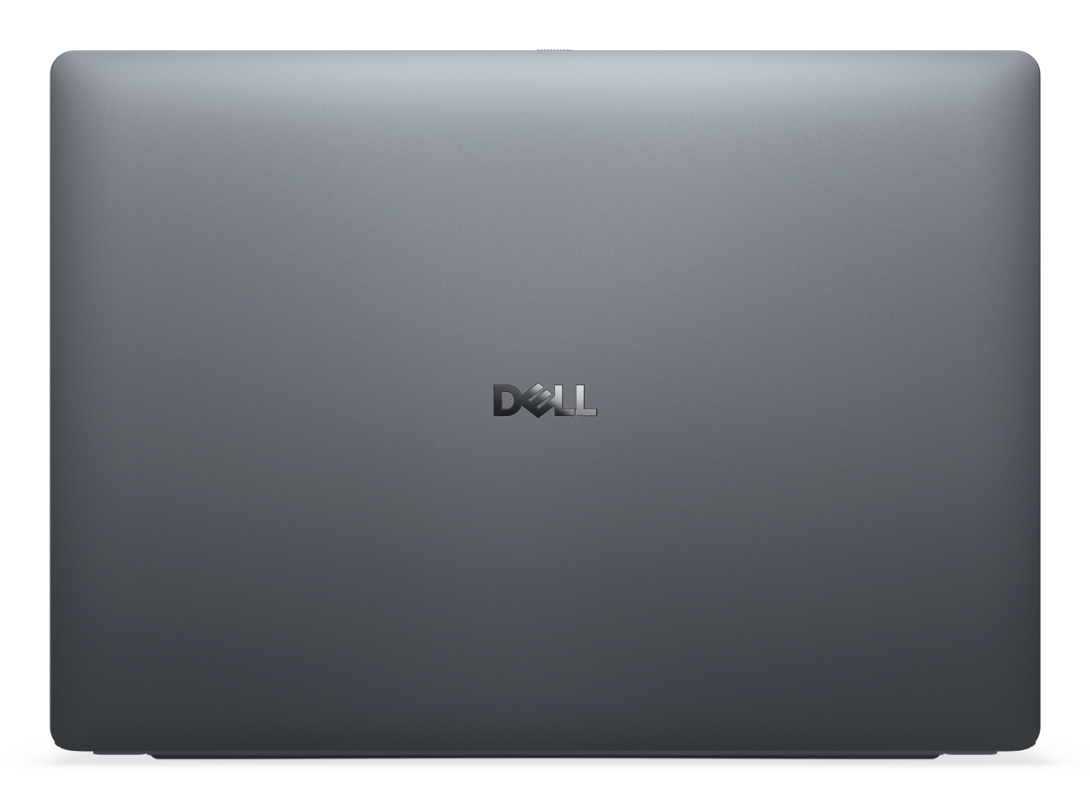 Geschlossener, dunkelgrauer Dell-Laptop. Das Dell-Logo befindet sich mittig auf dem Deckel.