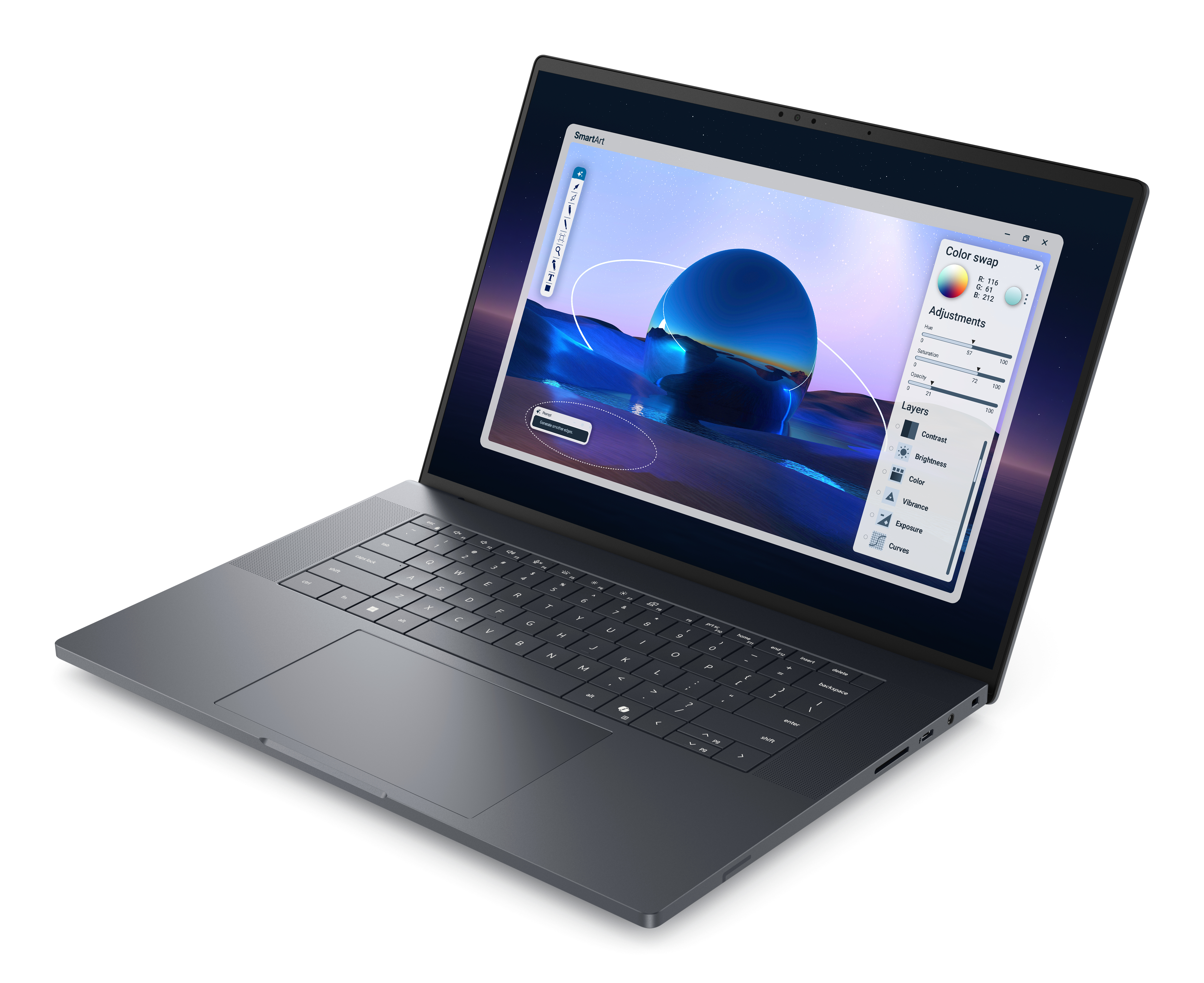 Laptop z programem do projektowania graficznego. Ekran pokazuje niebieską kulę i narzędzia. Klawiatura widoczna.