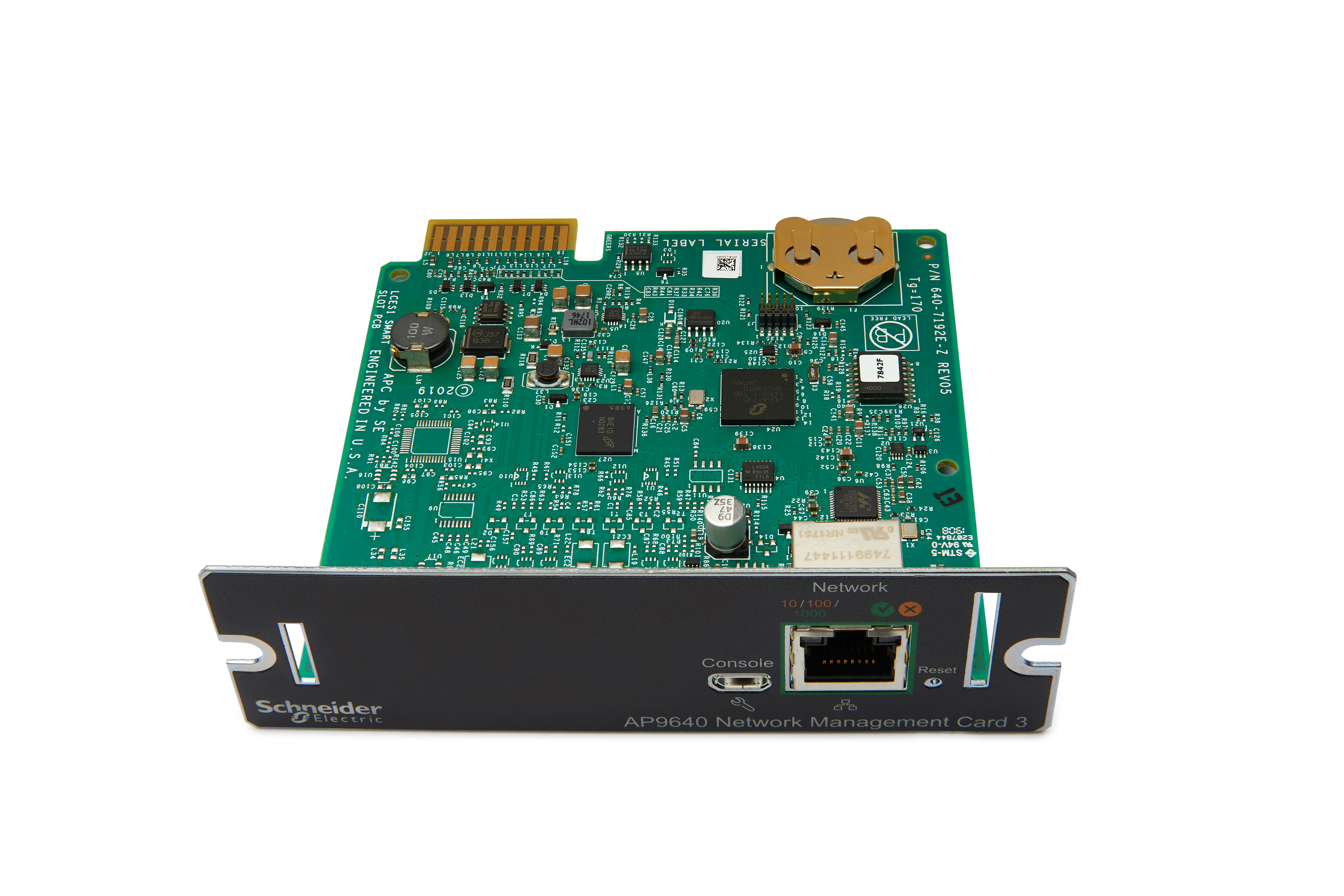 Una scheda circuito verde con chip e porte, etichettata 'AP9640 Network Management Card 3'.