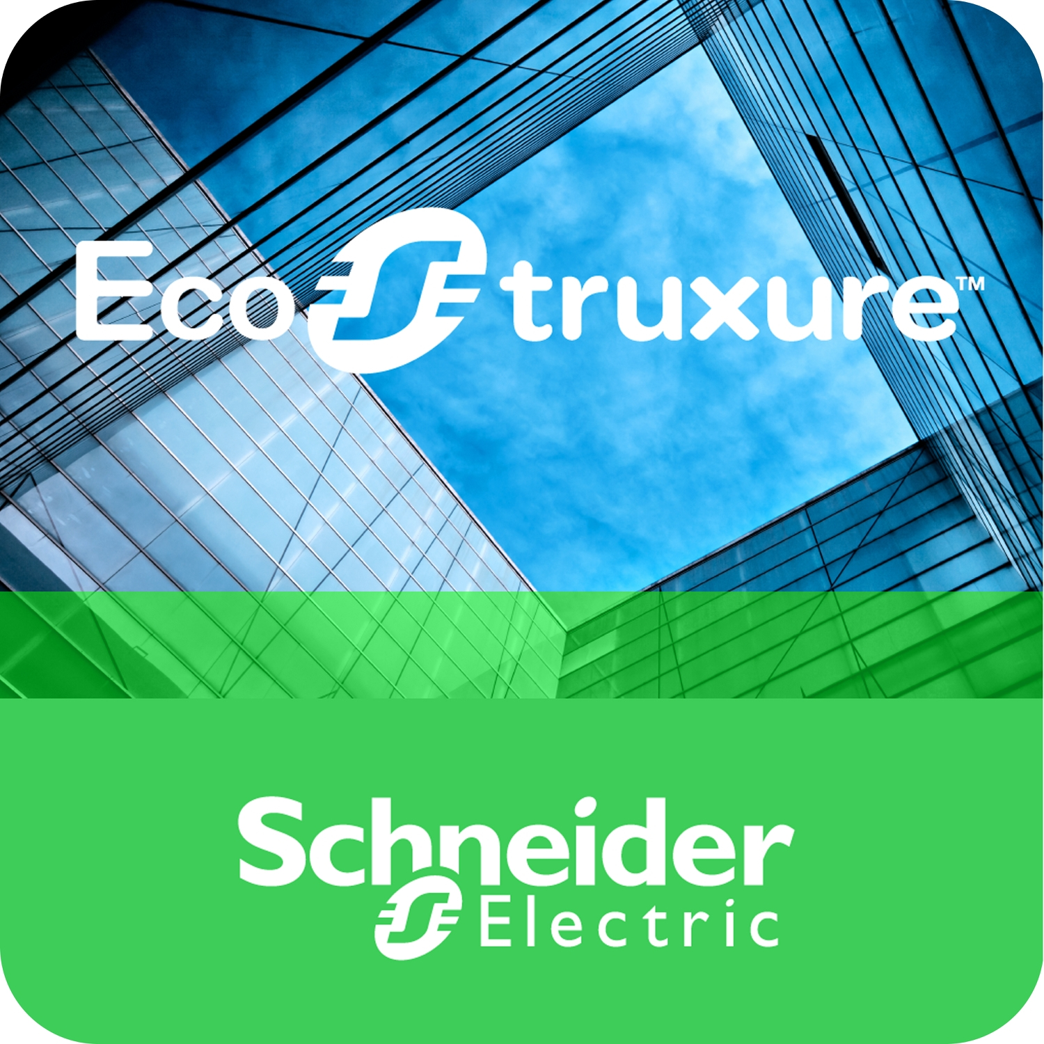 L'immagine mostra un edificio con vetro blu e cielo. Il logo 'EcoStruxure' è in alto e 'Schneider Electric' in basso.
