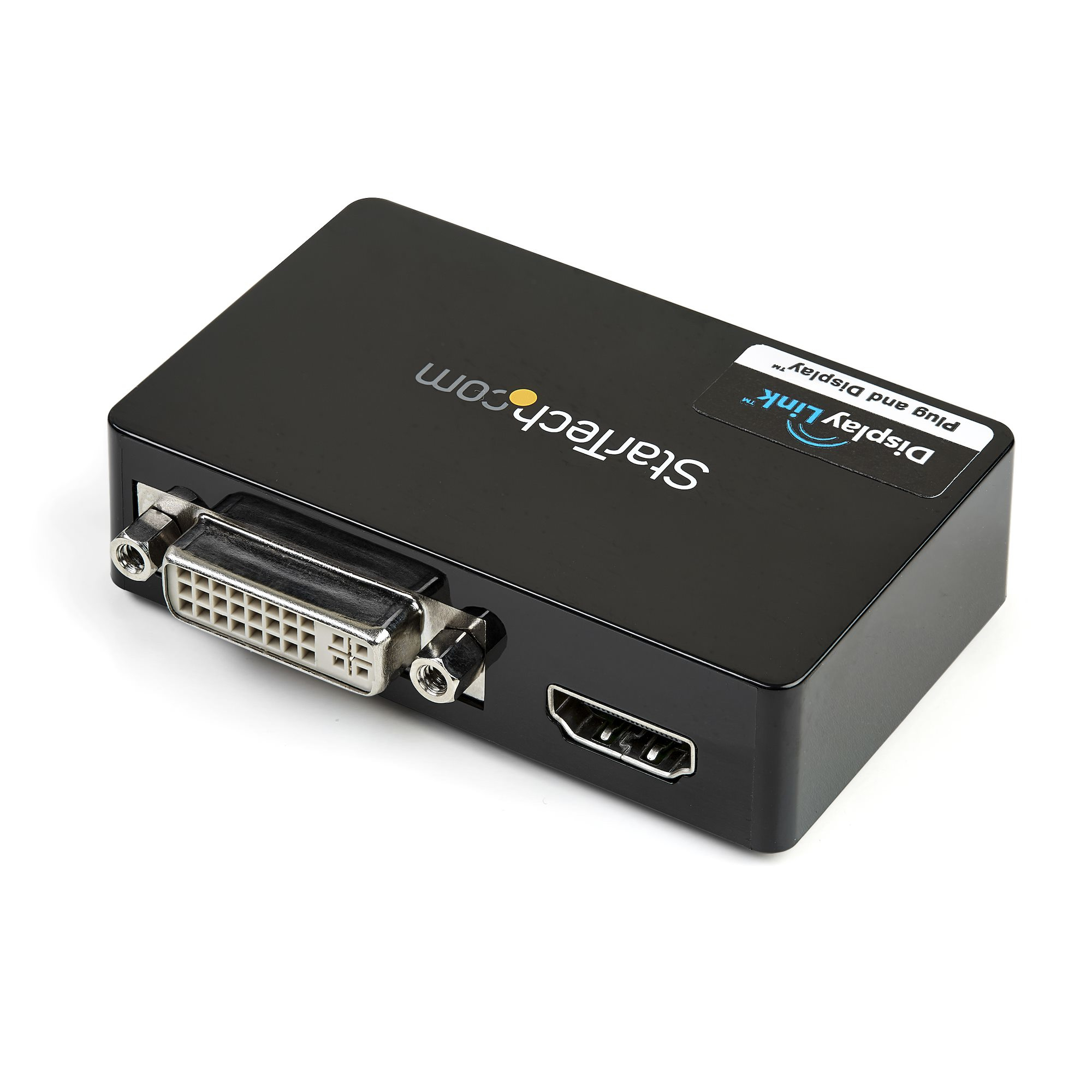 Adaptador StarTech negro con puertos DVI y HDMI. Fondo blanco. Pegatina Display Link arriba.
