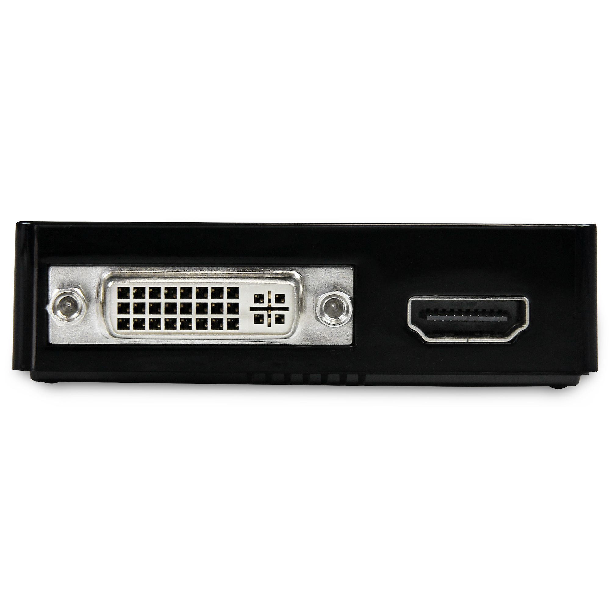 Adaptador negro con puertos DVI-D y HDMI. Conectores plateados en el cuerpo negro. Fondo blanco.