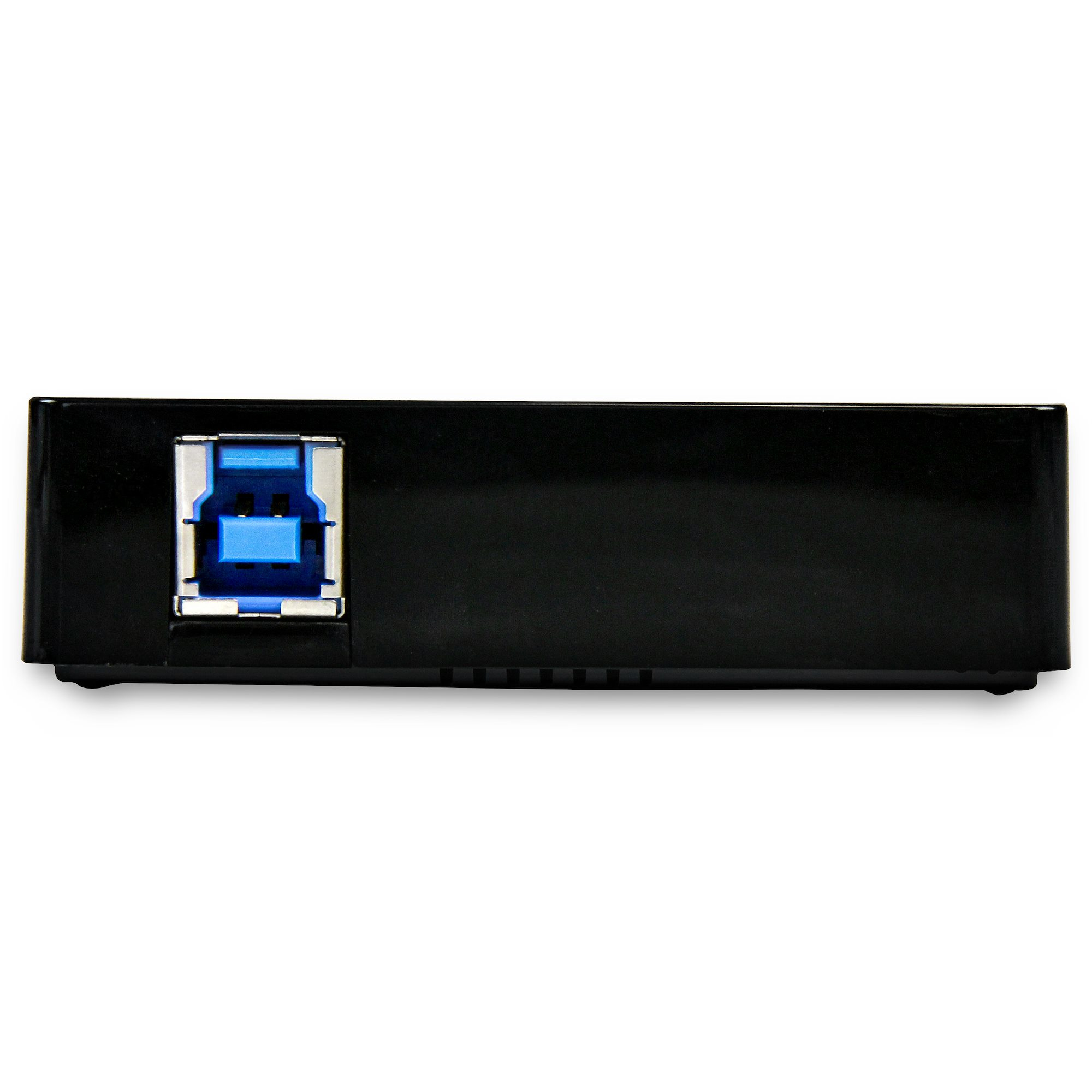 Un concentrador USB negro con un puerto USB azul. El concentrador es rectangular y se encuentra sobre un fondo blanco.