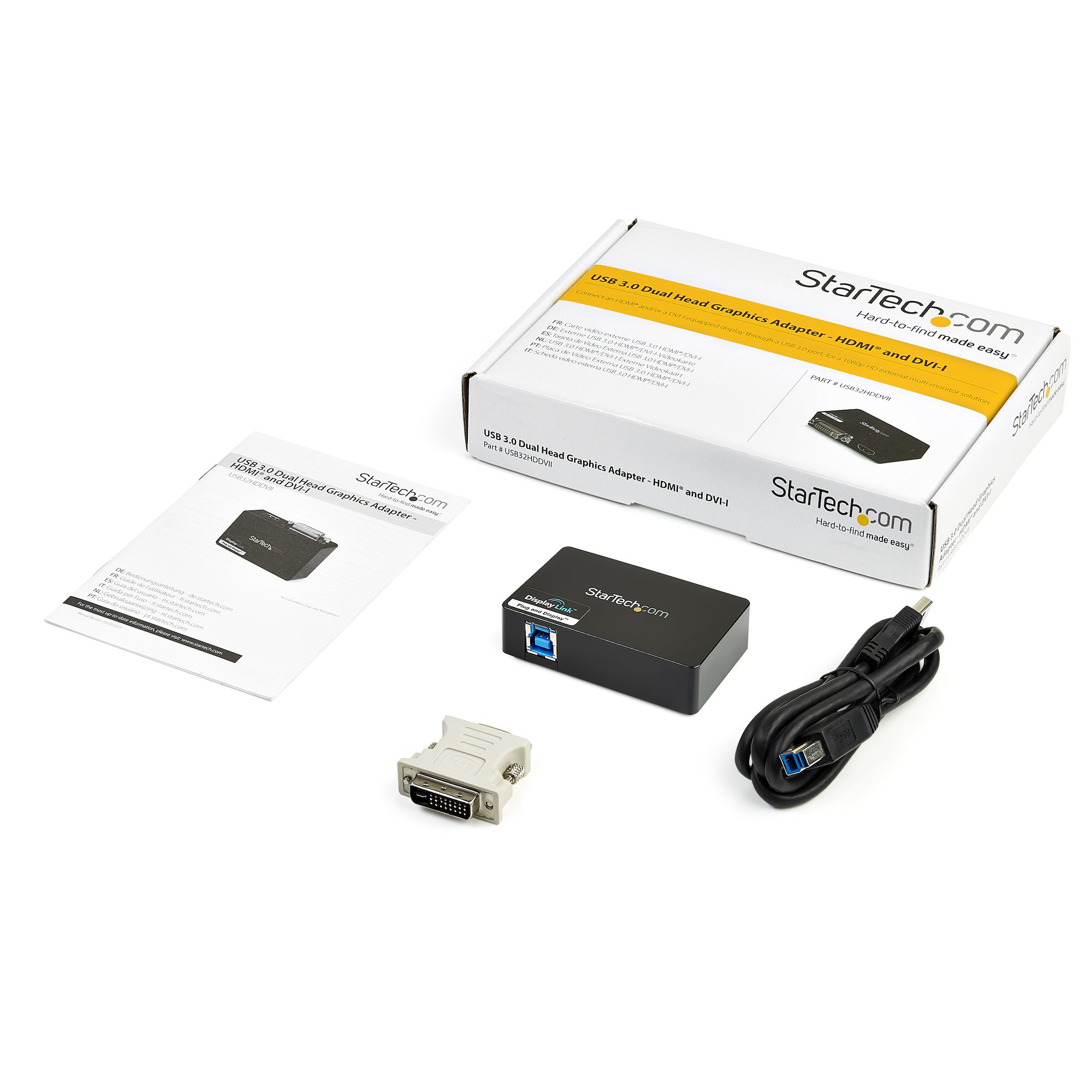 La imagen muestra un kit de adaptador gráfico de doble cabezal USB 3.0 StarTech con caja, manual y cables en blanco.