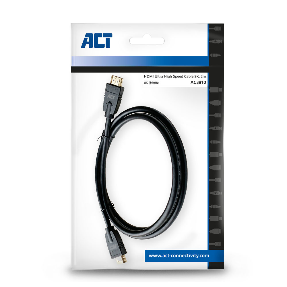 Een HDMI-kabel in een verpakking. De kabel is zwart, de verpakking is wit met blauwe en zwarte accenten. Het merk is ACT.
