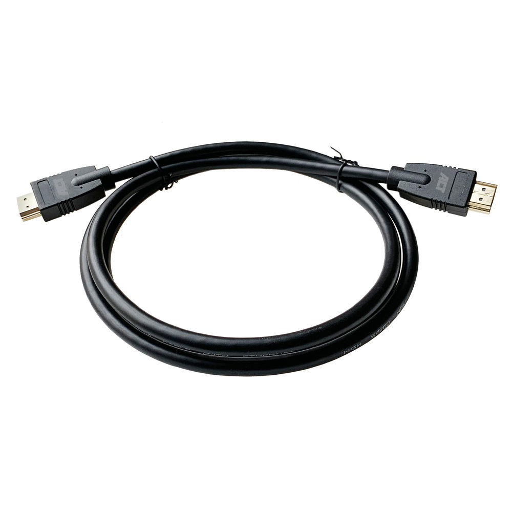 Een zwarte HDMI-kabel in een lus. Beide uiteinden hebben connectoren met goudkleurige pinnen. De achtergrond is wit.