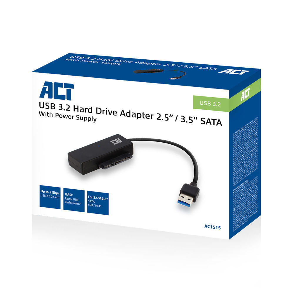 Ein weißer Karton mit einem USB 3.2 Festplattenadapter. Der Adapter ist schwarz, mit Kabel und USB-Anschluss.