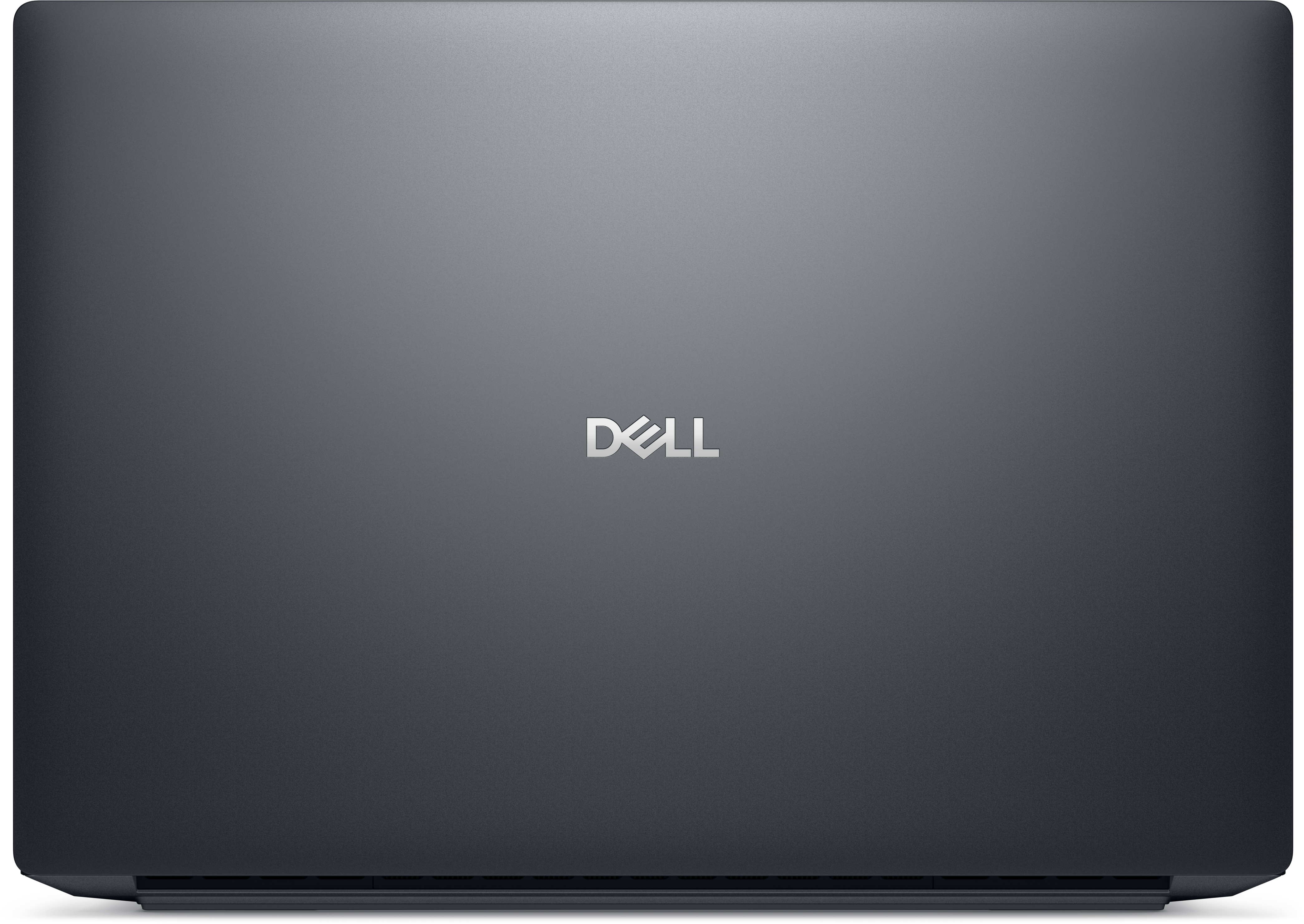 Zamknięty laptop, szary kolor, z logo Dell pośrodku. Powierzchnia jest teksturowana.