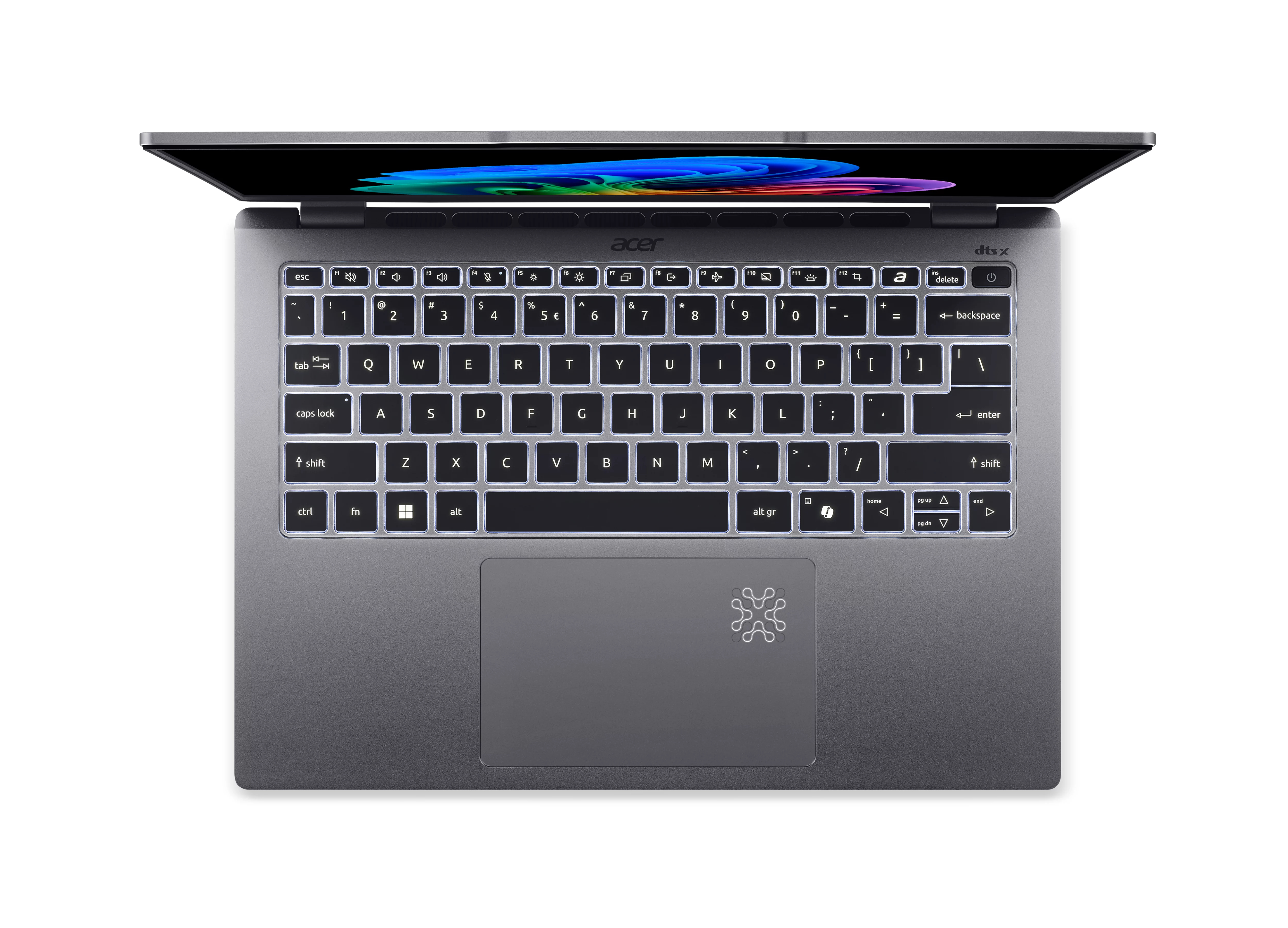 Otwarty laptop, marki Acer. Widoczna klawiatura i touchpad. Ekran wyświetla kolory. Białe tło.