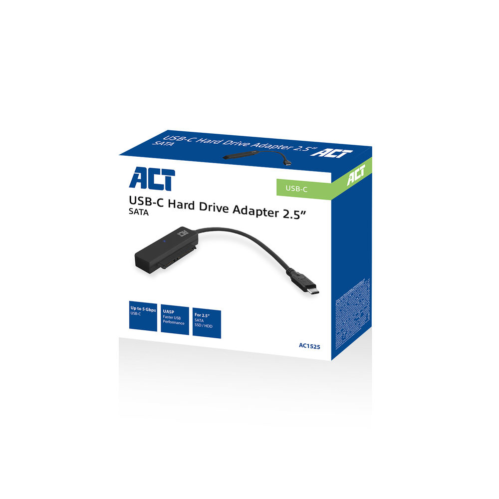 Eine Produktbox mit einem USB-C-Festplattenadapter. Die Box ist weiß und blau mit Produktdetails und einem Bild des Adapters.