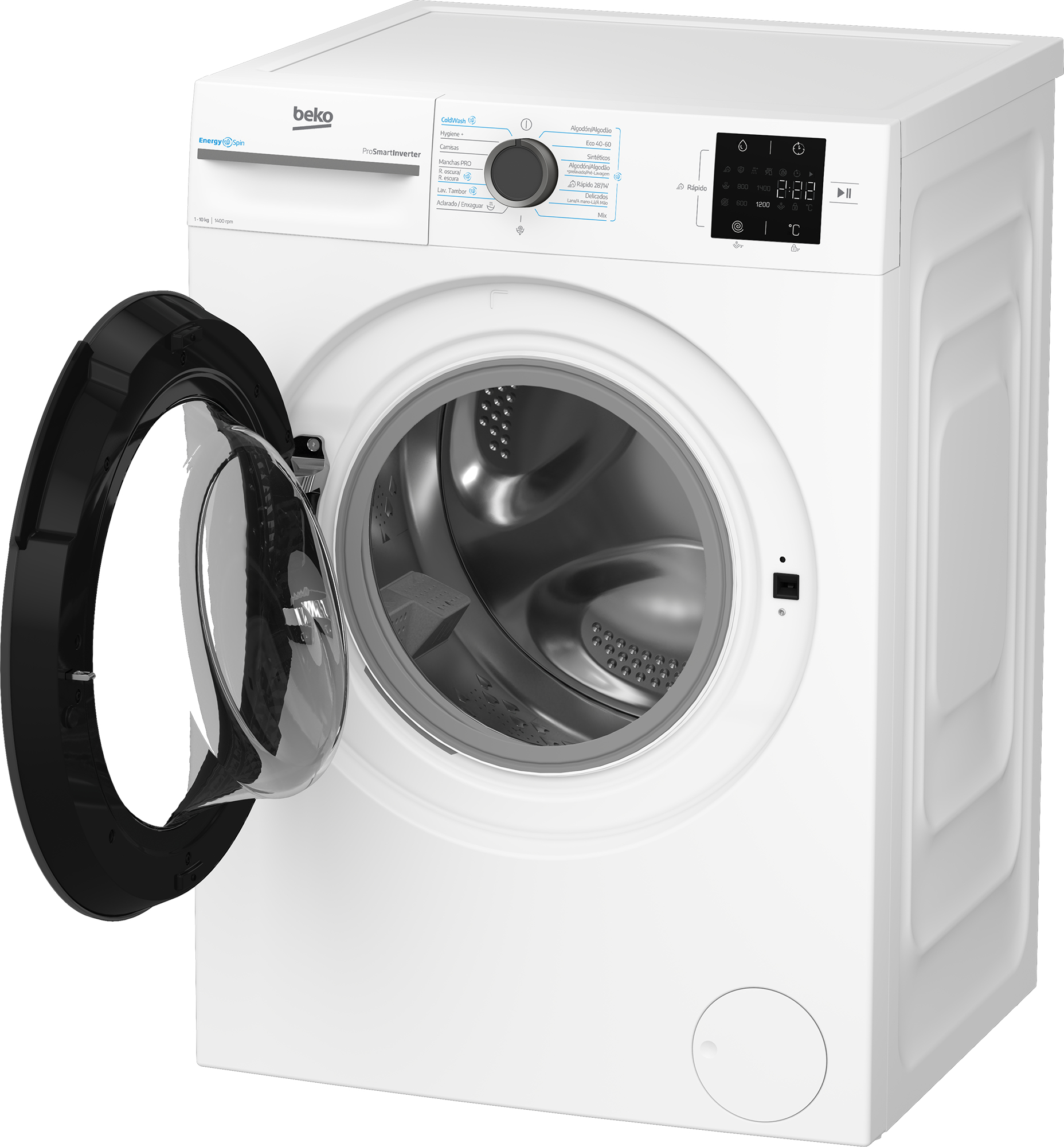 Lavadora Beko blanca con puerta negra abierta. Visible el panel de control, mostrando ajustes y un temporizador.