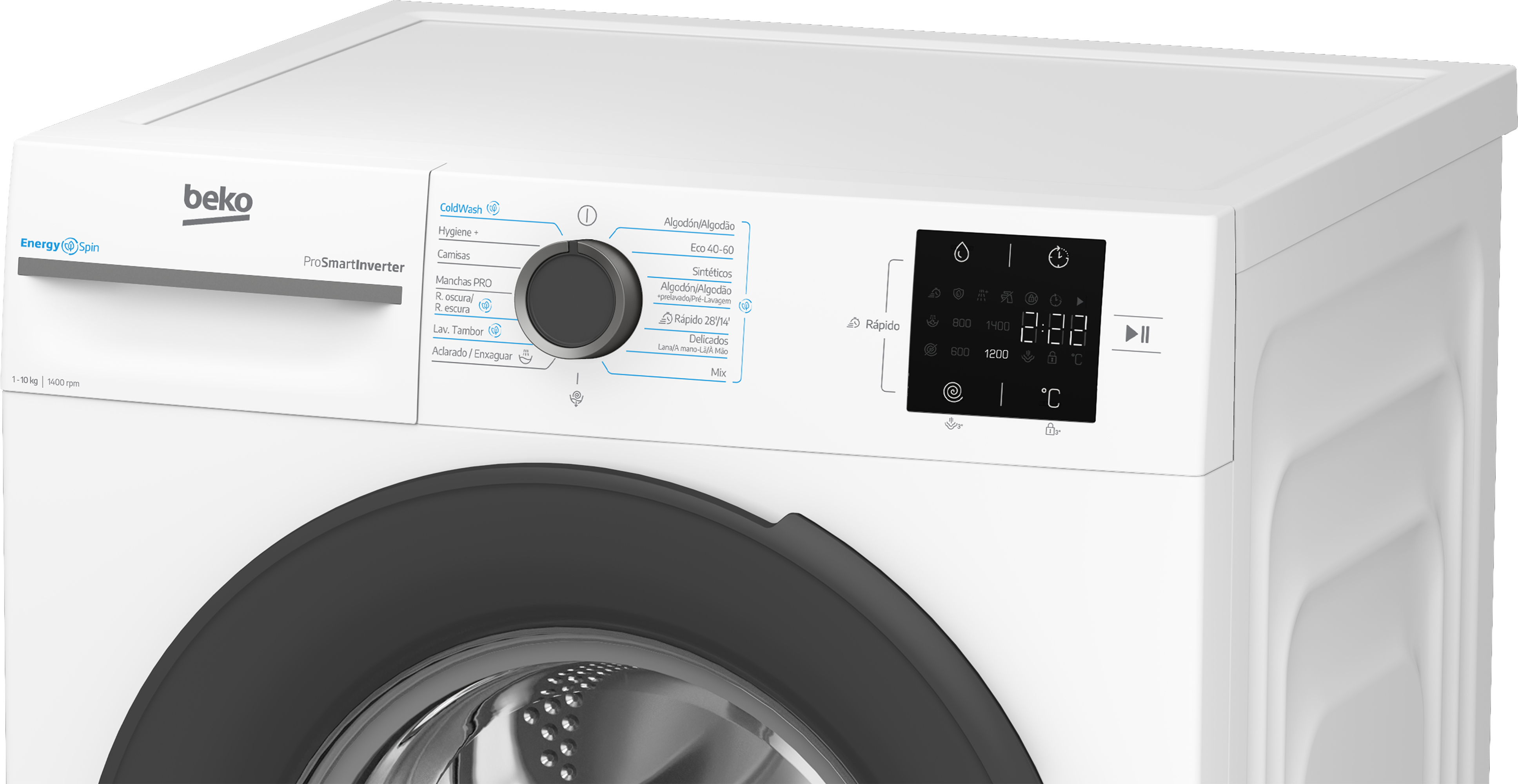 Lavadora Beko blanca. Tiene puerta negra y panel de control con pantalla digital y selector de programas.