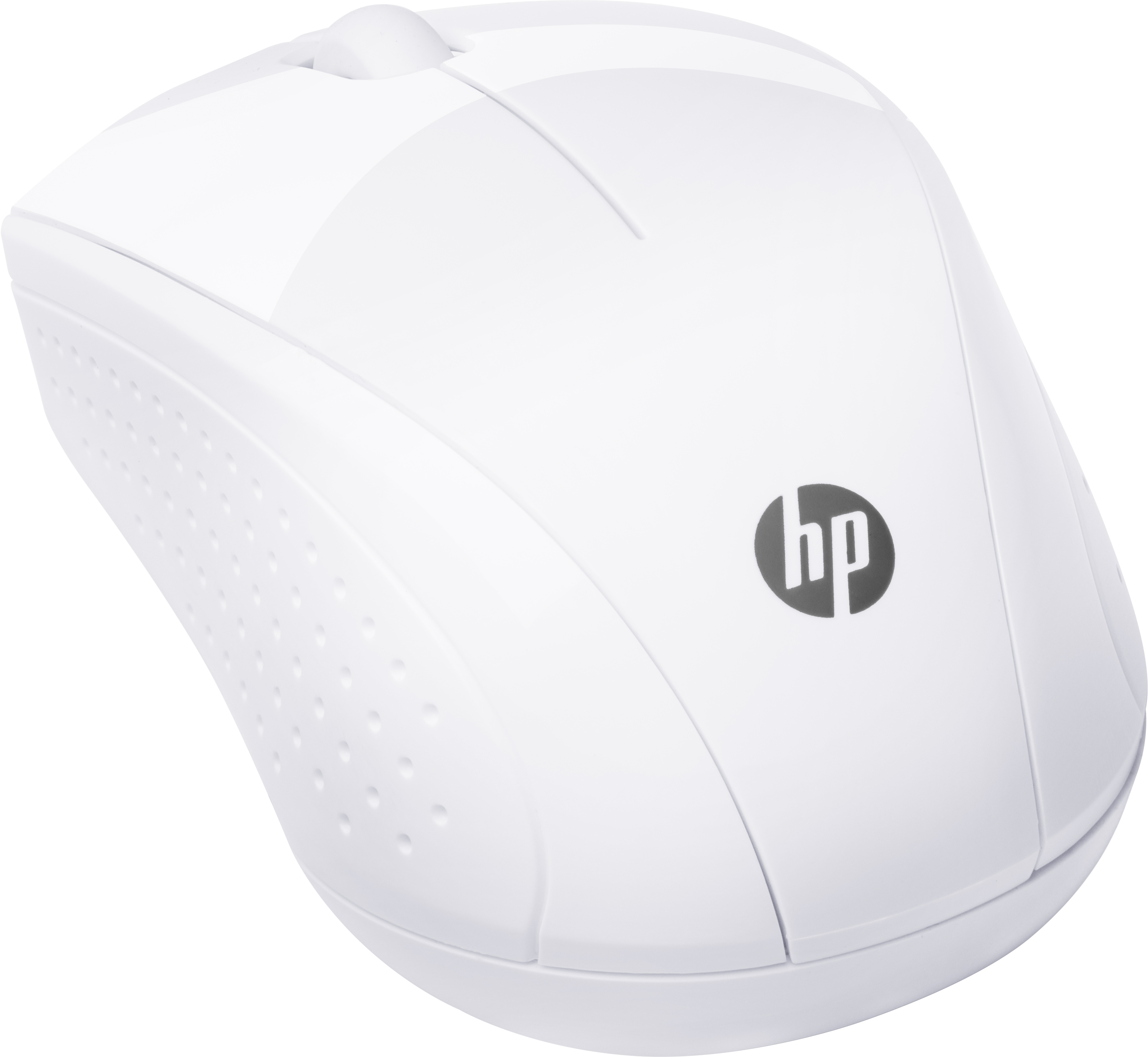 Mouse wireless HP bianco. Il mouse ha una rotellina e il logo HP.