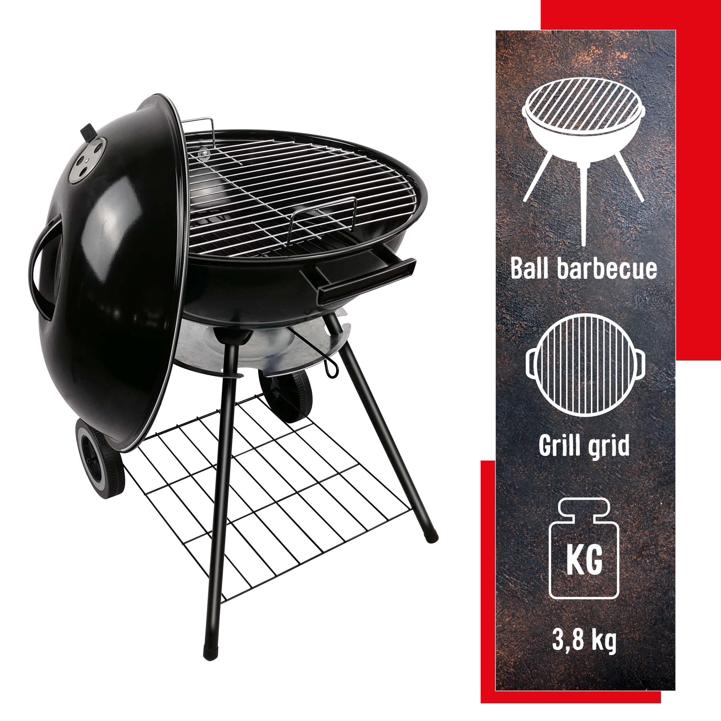 Barbecue boule noir avec couvercle ouvert. Dispose d'une grille, roues et étagère. Poids : 3,8 kg.