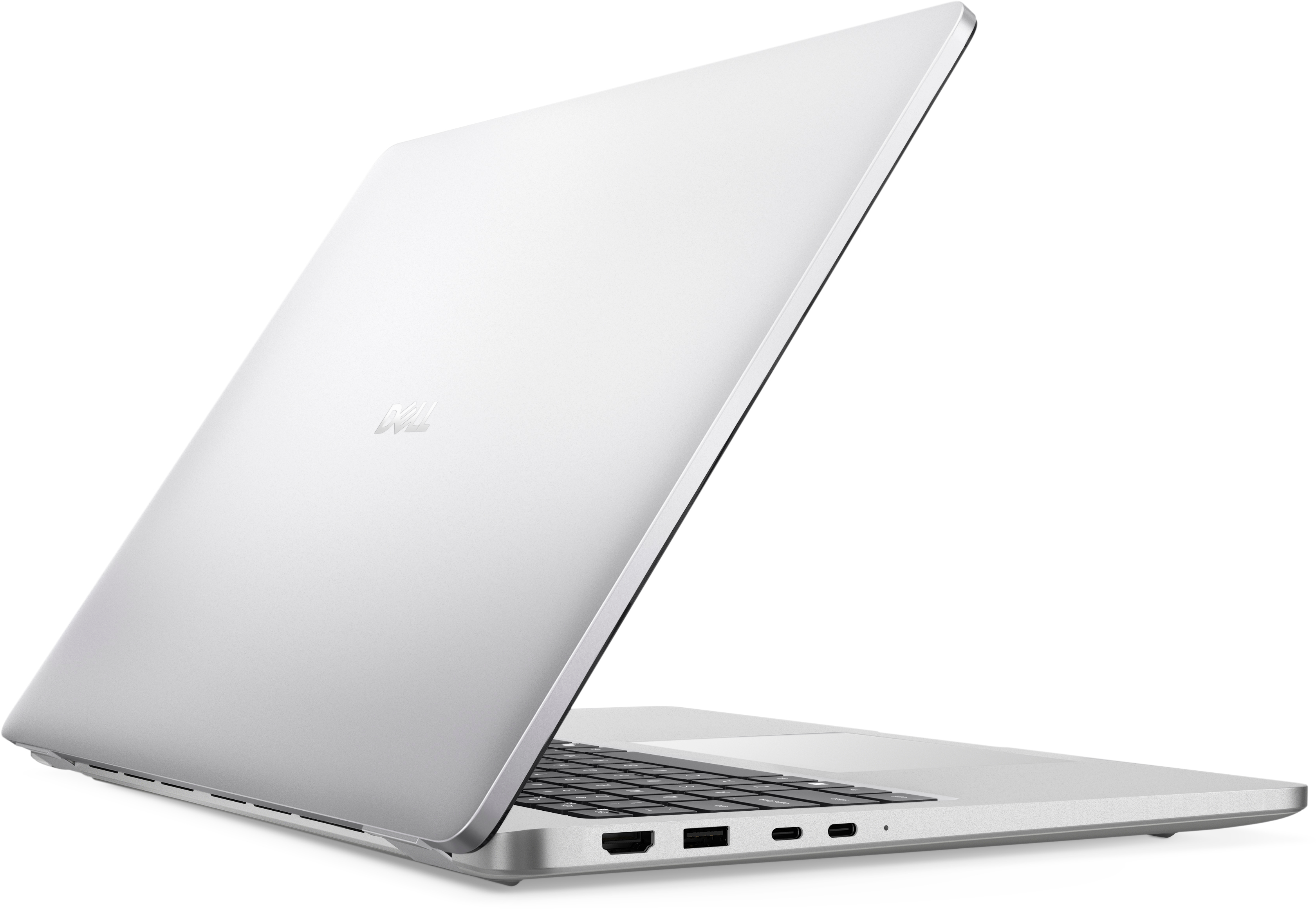 Ein silberner Dell-Laptop ist geöffnet und zeigt Tastatur und Bildschirm. Das Dell-Logo ist sichtbar.