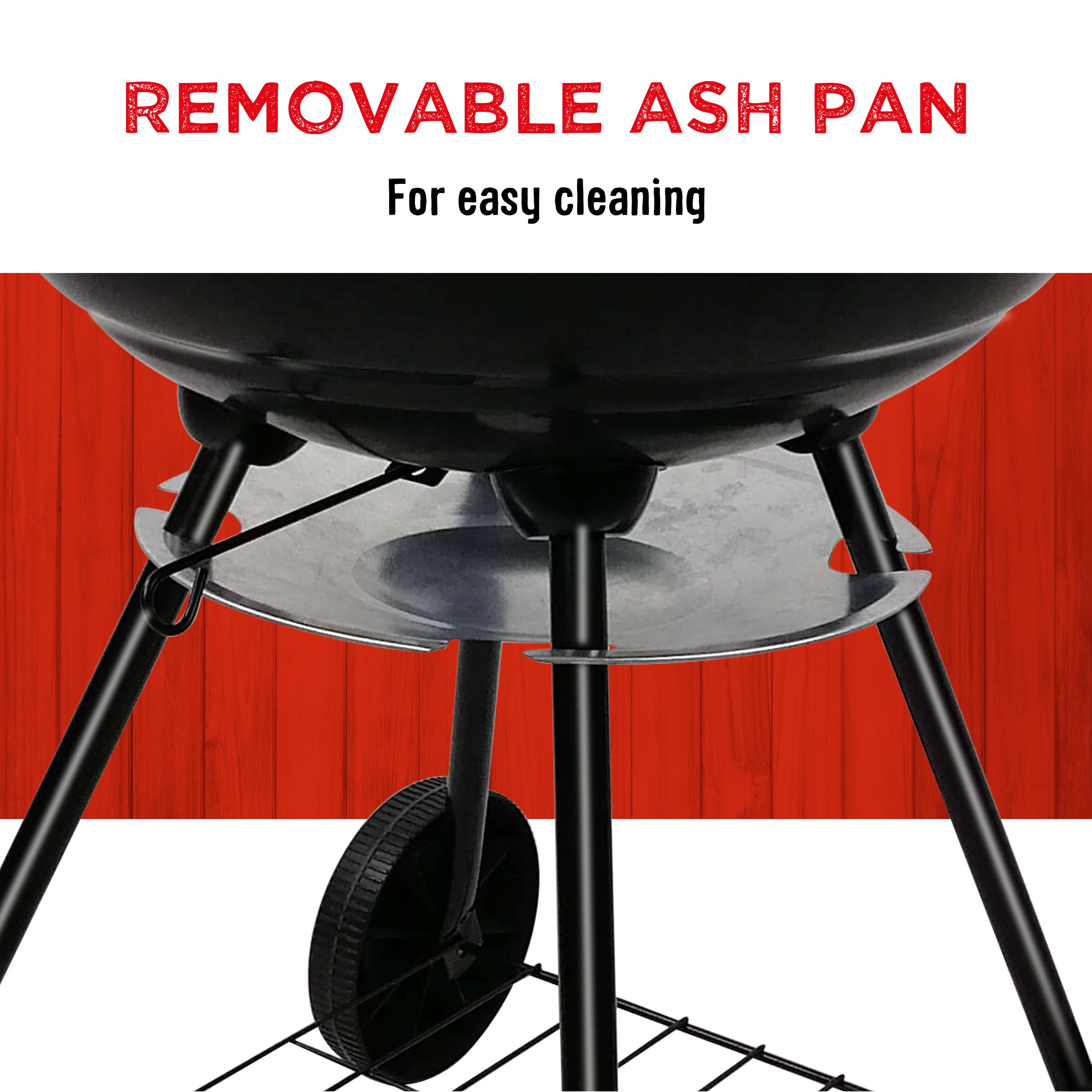 Gros plan sur un barbecue noir avec un cendrier amovible. Fond en bois rouge. Texte : Cendrier amovible pour un nettoyage facile.