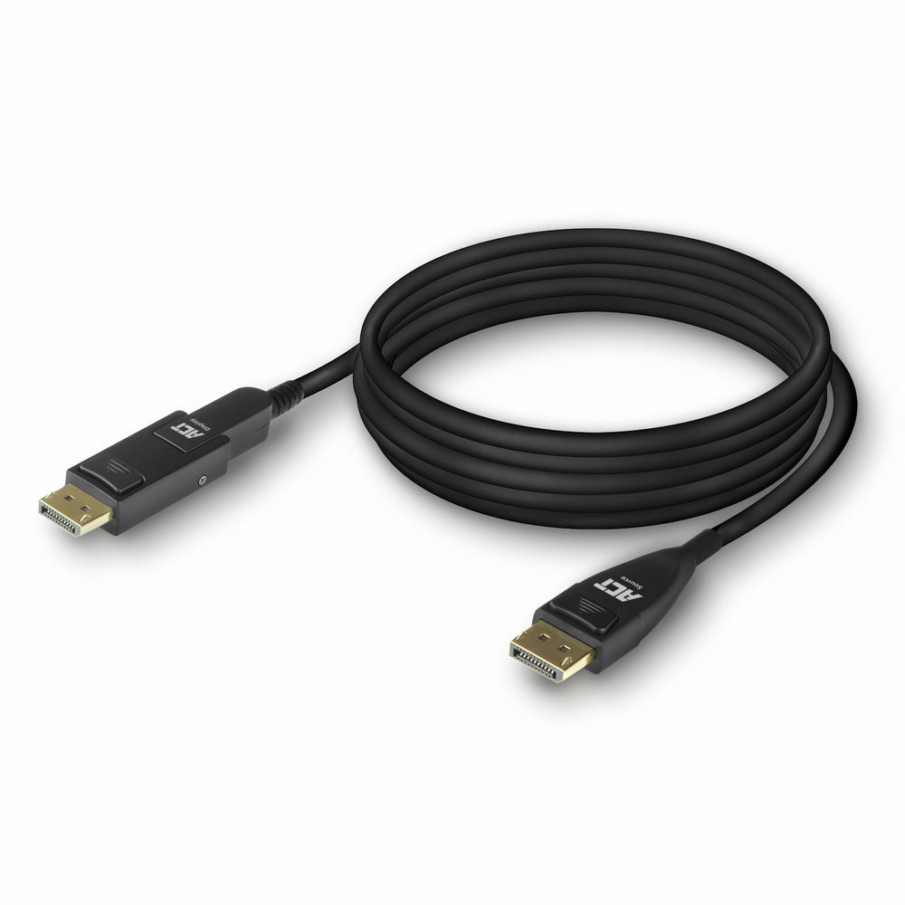 Schwarzes DisplayPort-Kabel mit goldenen Steckern. Das Kabel ist aufgerollt. Die Stecker tragen das Branding 'ACT'.