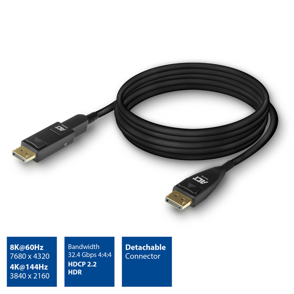 Schwarzes DisplayPort-Kabel mit Goldsteckern. Spezifikationen umfassen 8K@60Hz und 4K@144Hz. Textfelder zeigen Bandbreite und Funktionen.