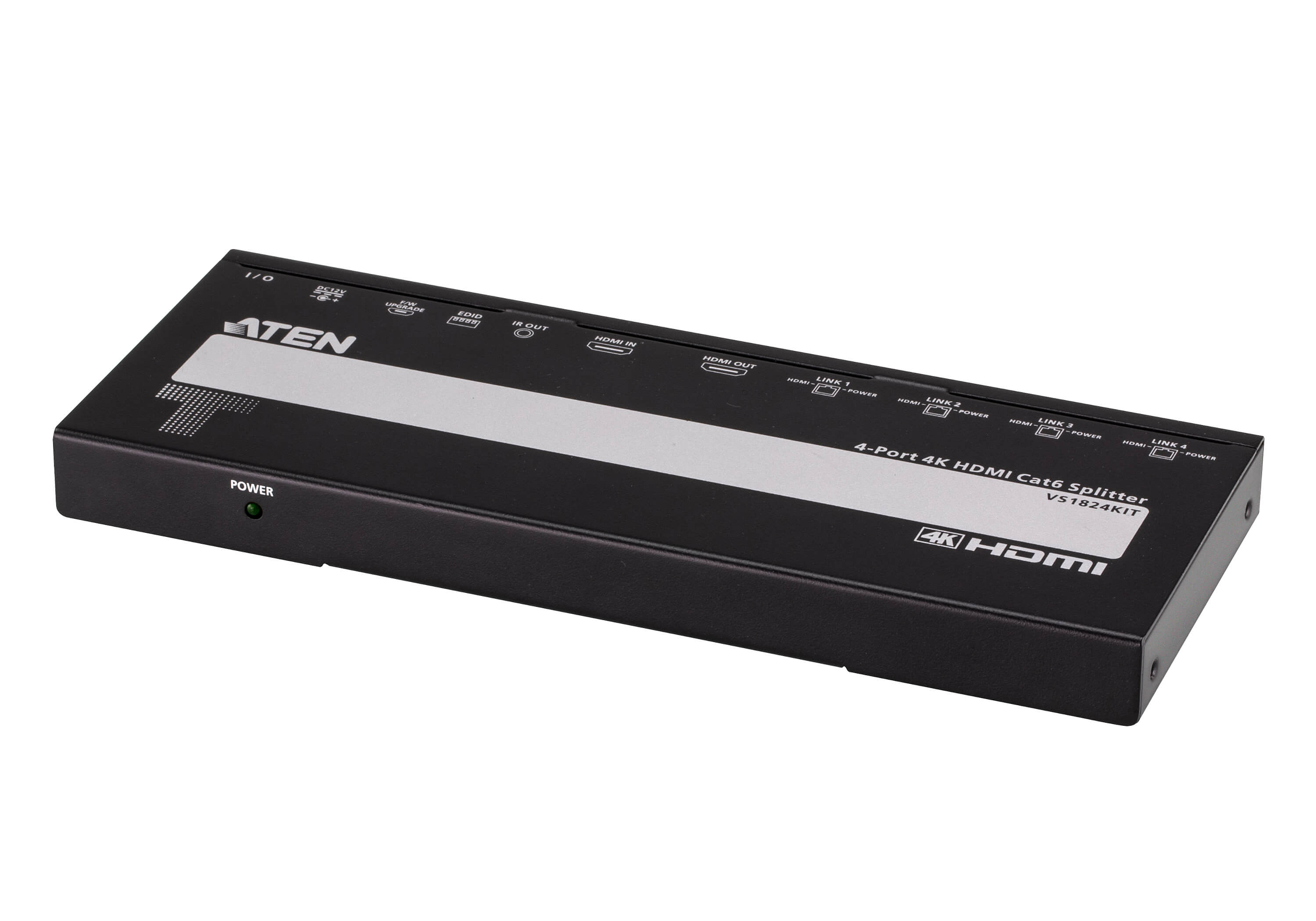 Répartiteur HDMI noir avec étiquettes, ports et indicateur d'alimentation. C'est un répartiteur HDMI Cat6 4K à 4 ports.