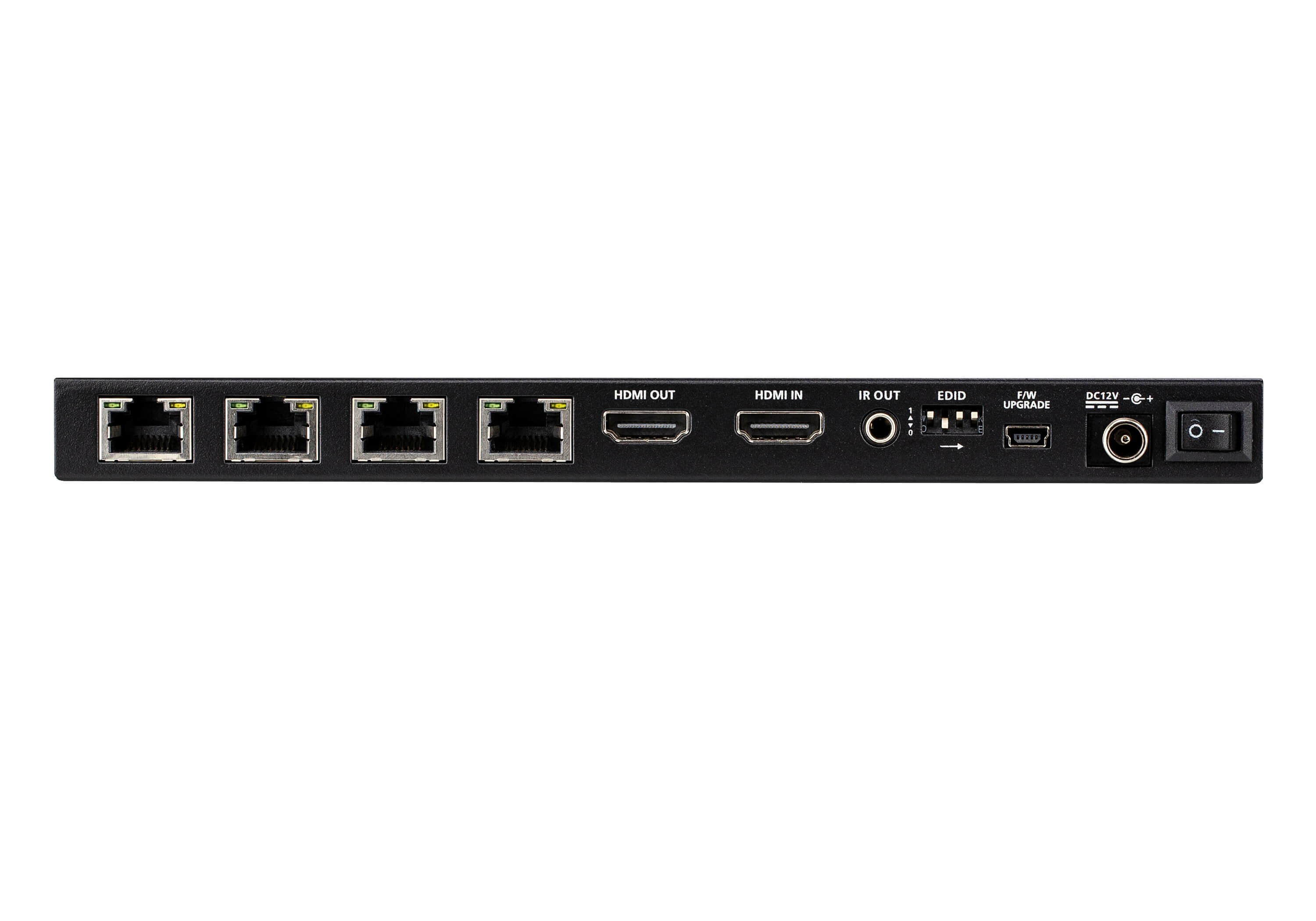 Appareil noir avec ports Ethernet, HDMI et alimentation. Les étiquettes incluent HDMI OUT, HDMI IN et DC12V. Fond blanc.