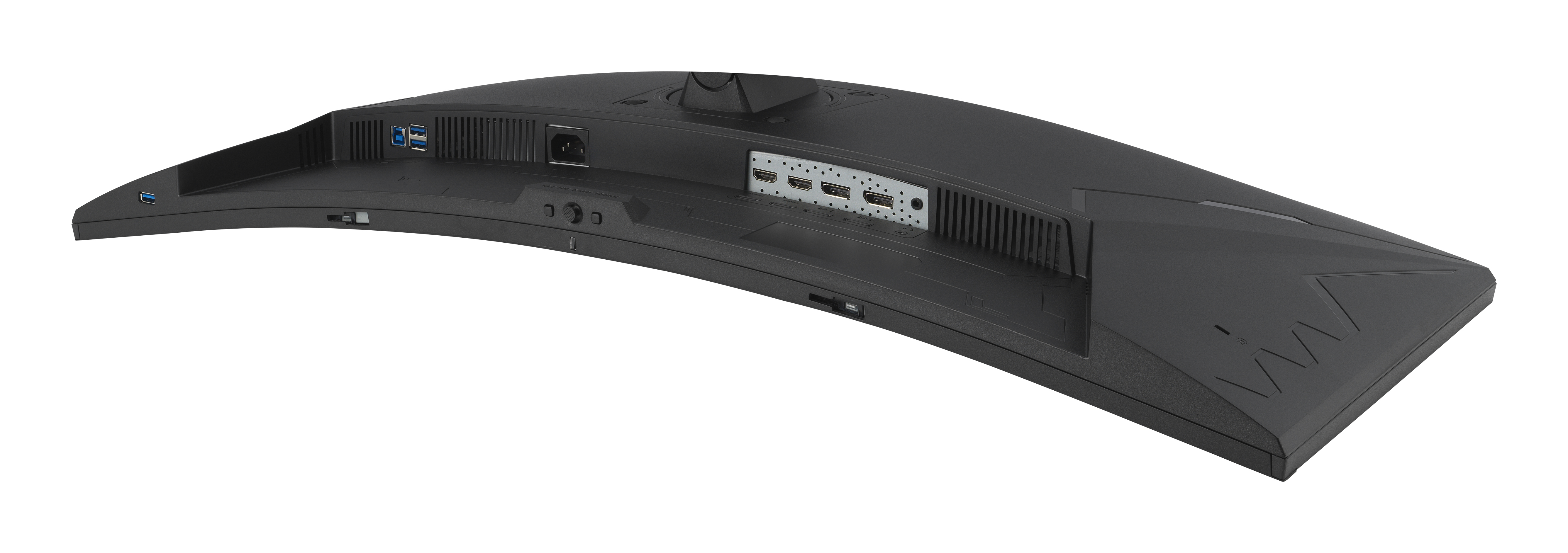 Widok z tyłu czarnego zakrzywionego monitora komputerowego. Porty to USB, HDMI i wejście zasilania.