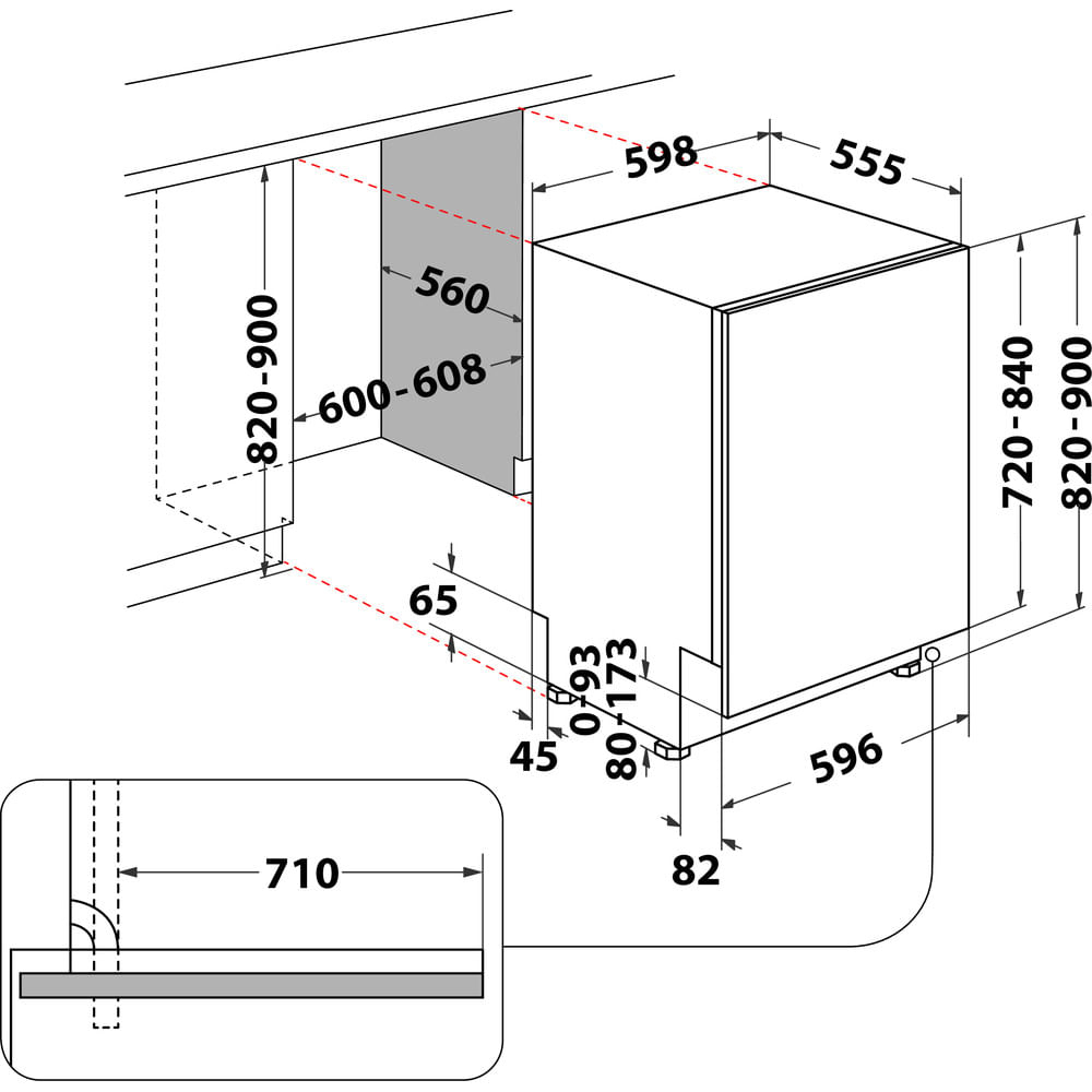 Diagramma di una lavastoviglie che mostra le dimensioni in millimetri. Include un dettaglio di una sezione specifica.