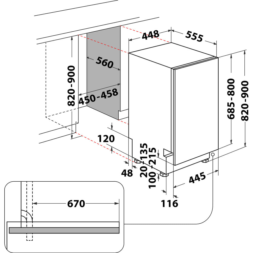Diagramma di un elettrodomestico da cucina a incasso con dimensioni in millimetri. Include un dettaglio.