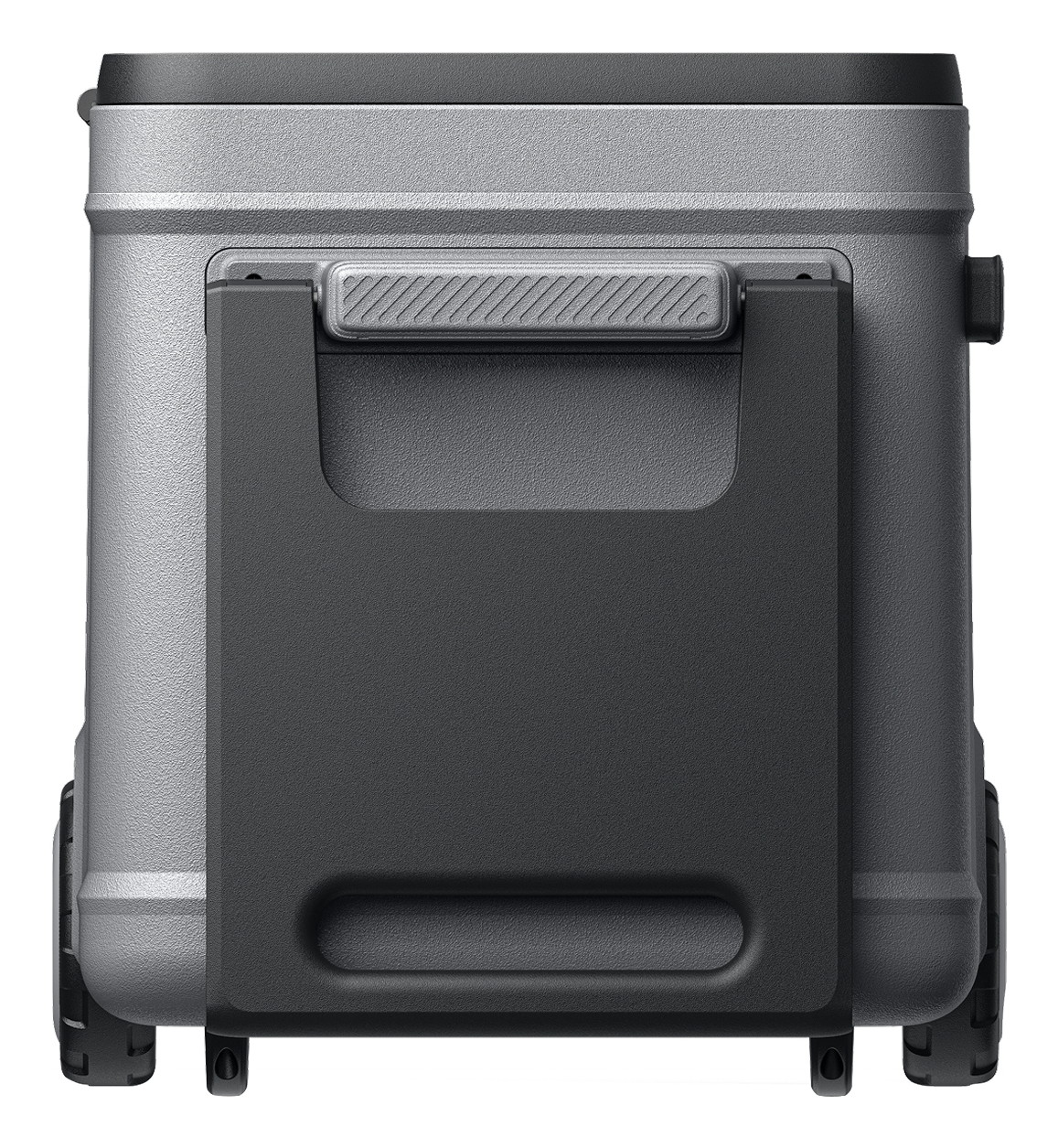 Szaro-czarna lodówka z uchwytem i kółkami. Uchwyt jest na górze. Duży czarny panel zakrywa przód.