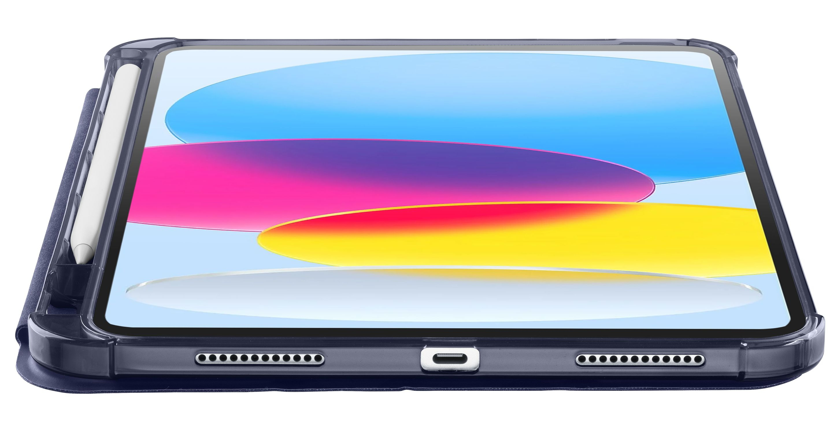 Tablet in dunkler Hülle mit Stift. Der Bildschirm zeigt bunte, abstrakte Formen. Die Hülle ist dunkelblau.