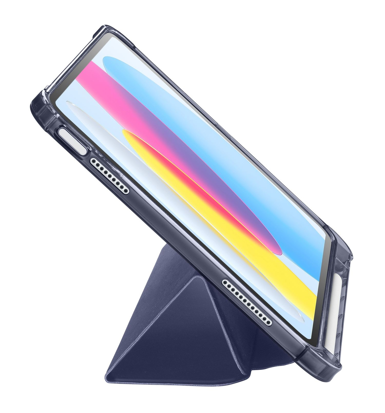 Tablet in einer dunkelblauen Hülle, die von einem Ständer gehalten wird. Der Bildschirm zeigt einen bunten Farbverlauf. Der Hintergrund ist weiß.
