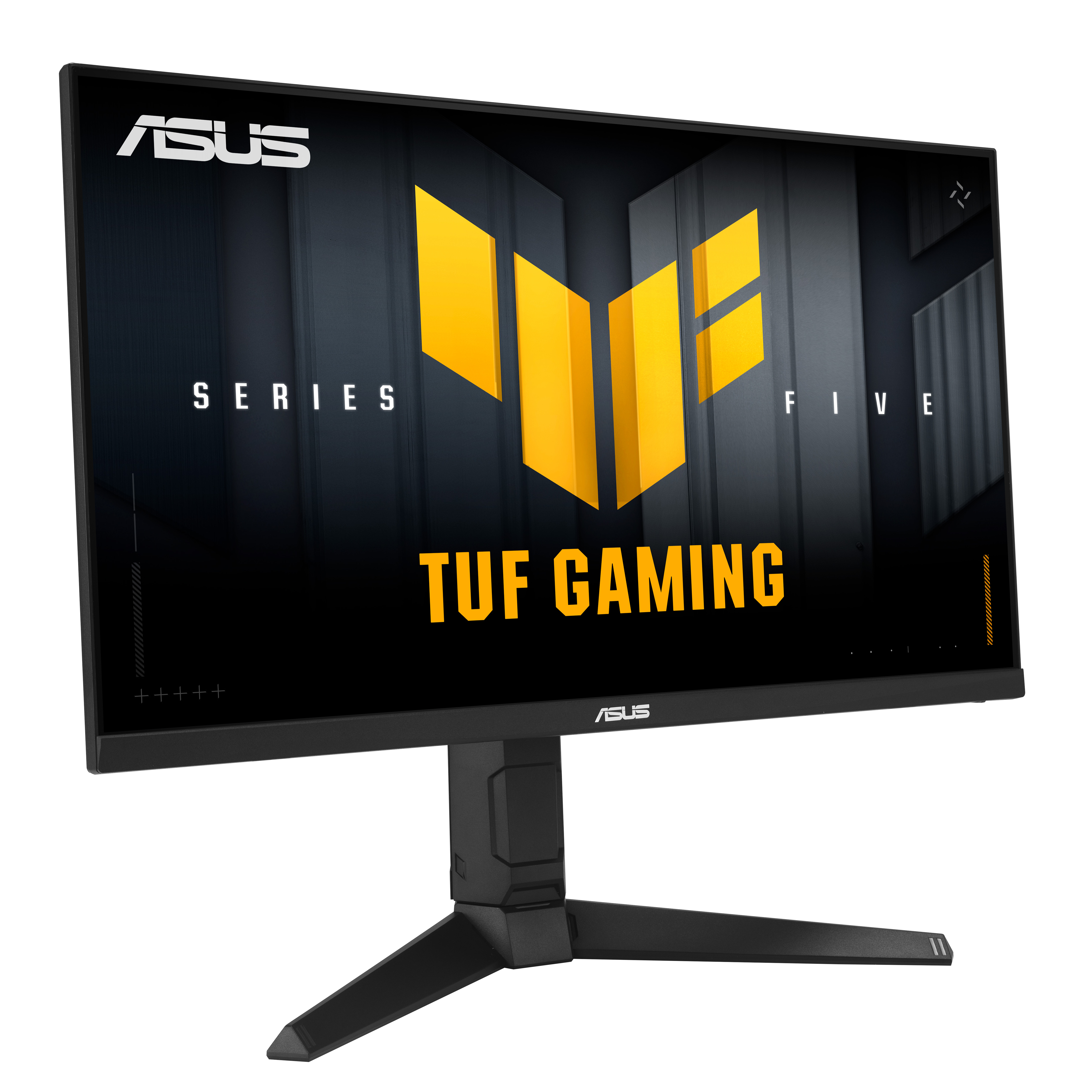 Monitor ASUS TUF Gaming wyświetla logo, tekst i grafikę. Monitor jest czarny i ma czarną podstawę.
