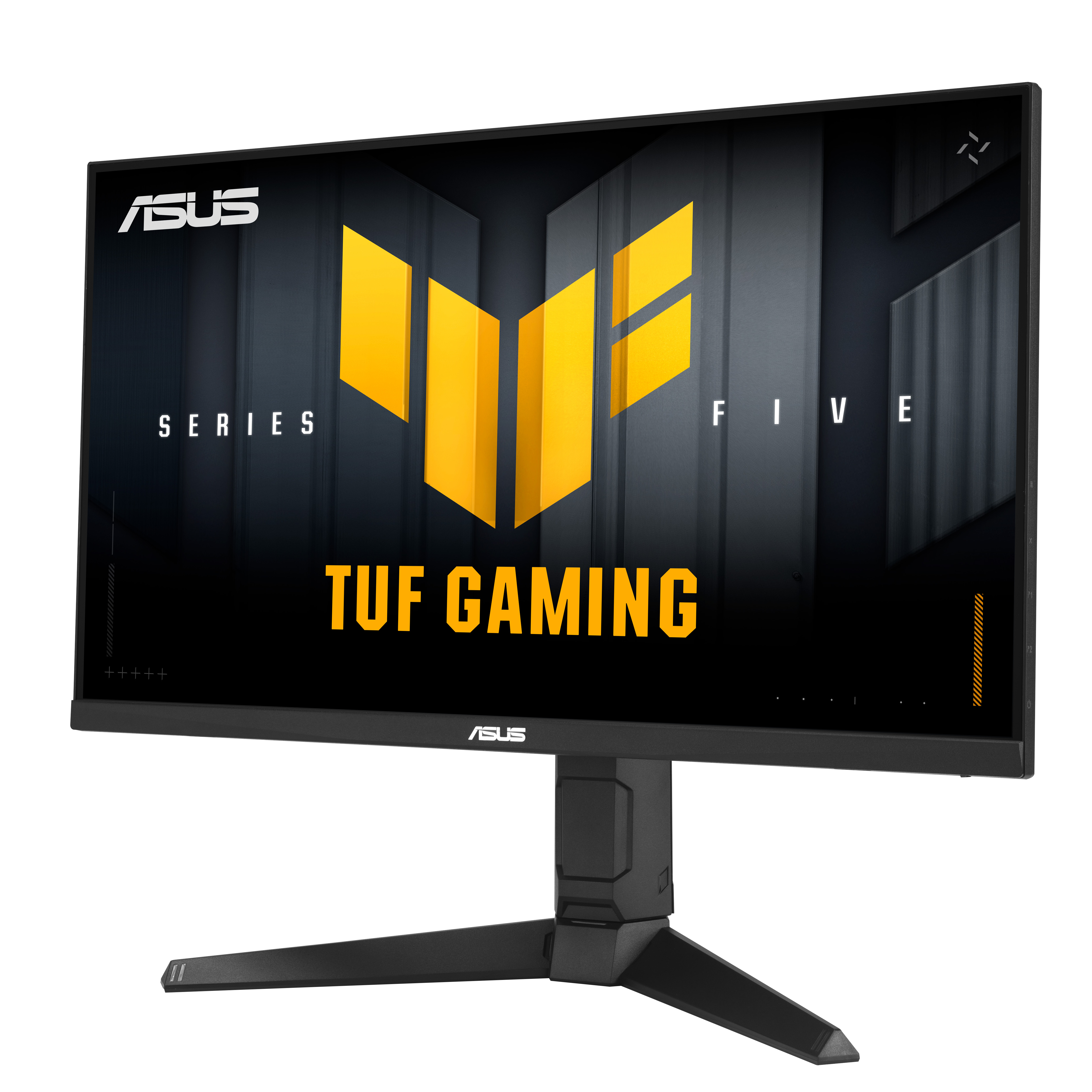 Czarny monitor ASUS TUF Gaming. Żółte logo i tekst na ekranie. Czarny stojak. Białe tło.
