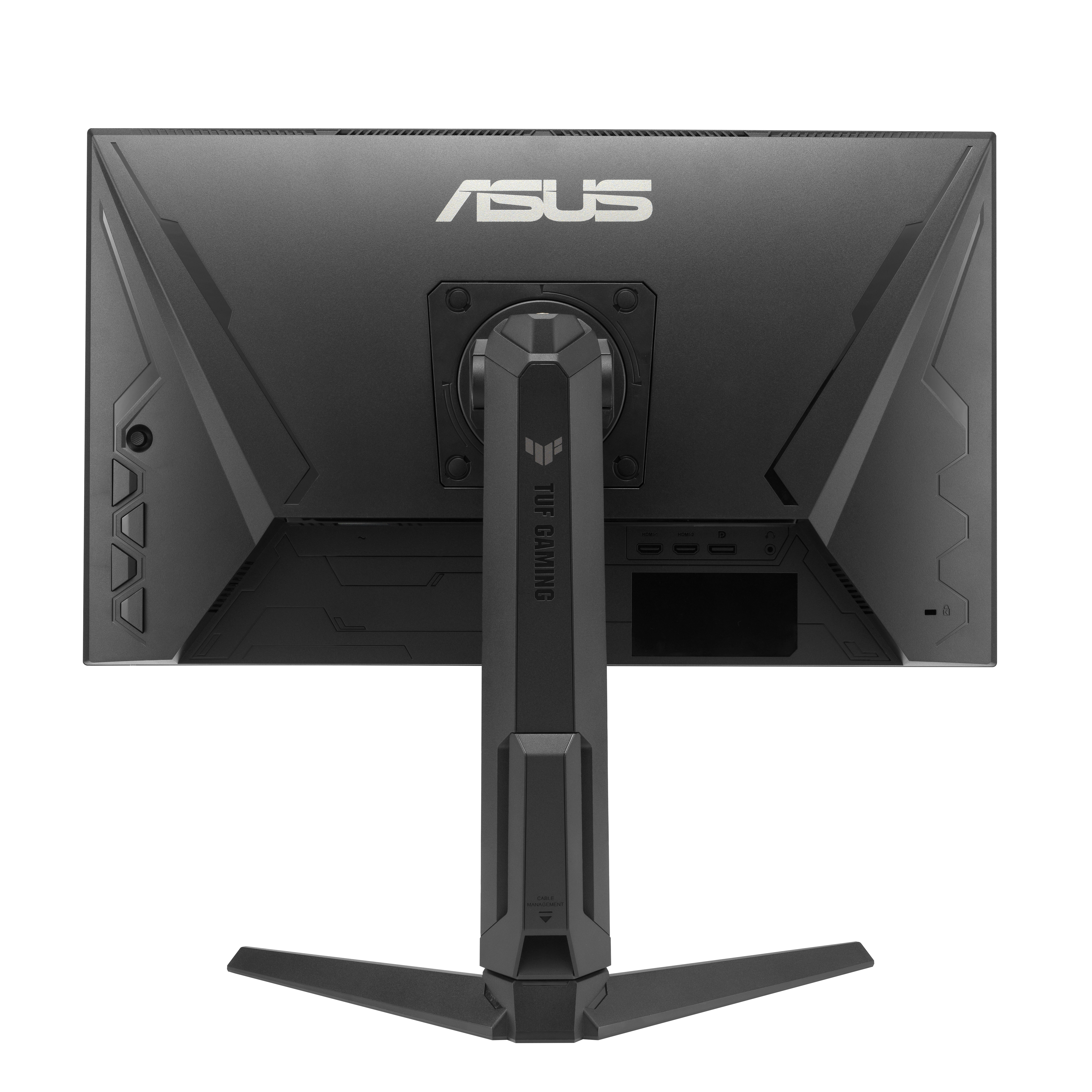 Widok z tyłu czarnego monitora ASUS TUF Gaming. Jest na stojaku, z widocznym logo. Białe tło.
