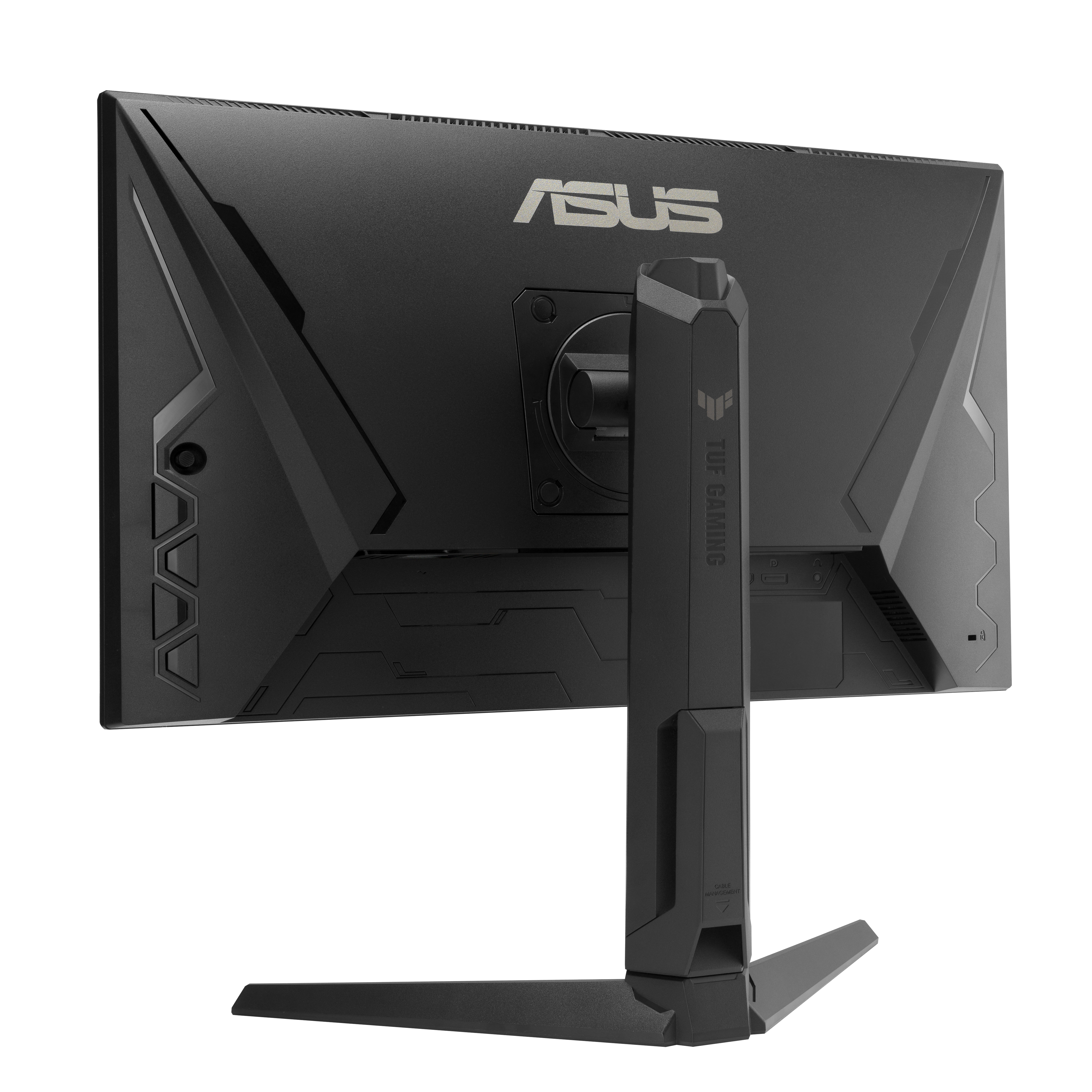 Widok z tyłu czarnego monitora gamingowego ASUS. Ma podstawkę i widoczna jest nazwa marki.