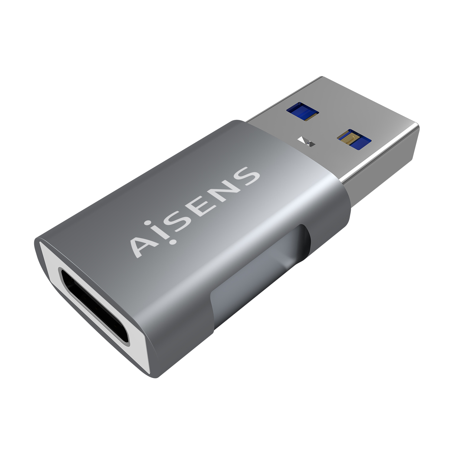 Un adaptador USB-C plateado con la palabra 'AiSENS'. Tiene un conector USB-A y un puerto USB-C, aislado sobre fondo blanco.