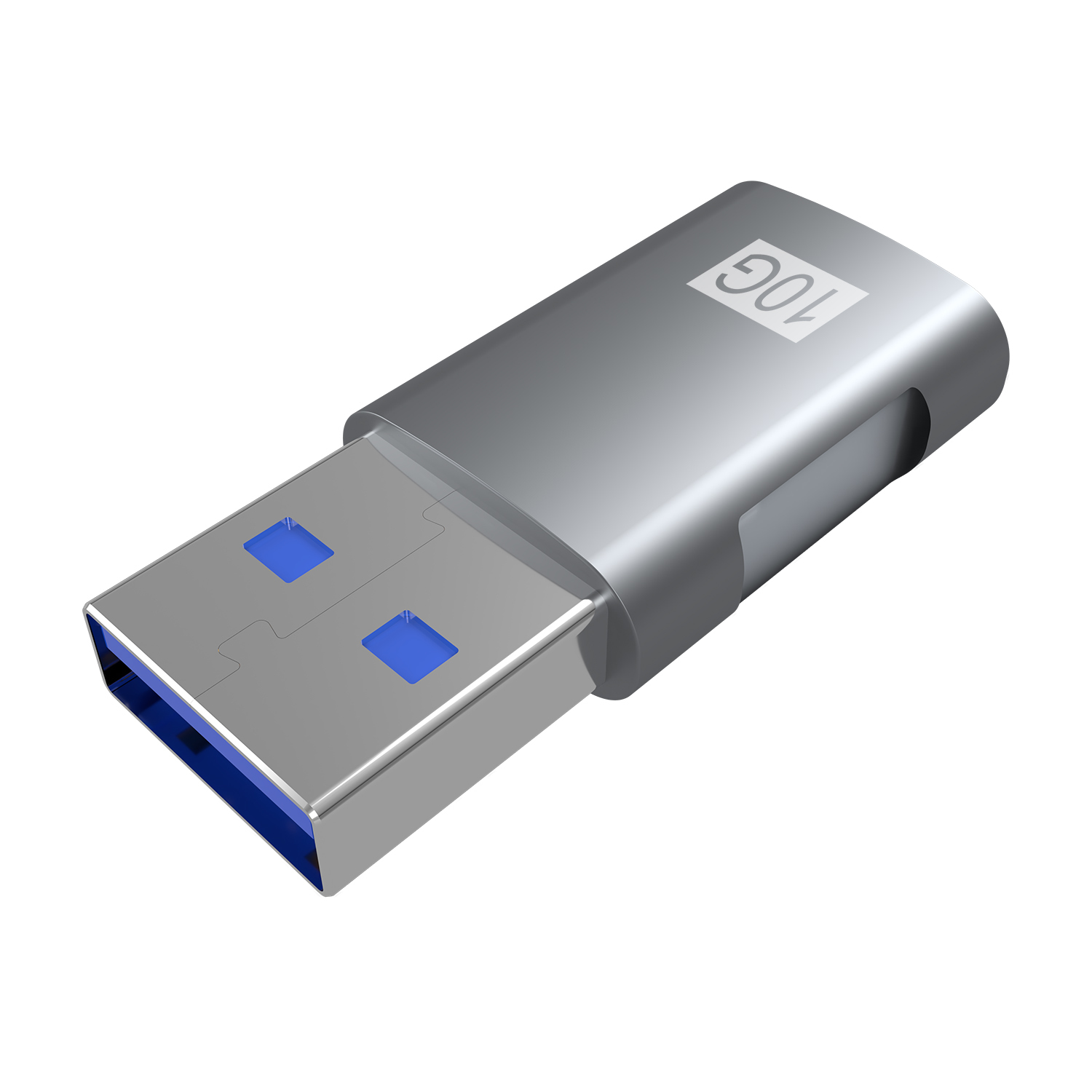 Una unidad flash USB plateada con conectores azules y el texto '10G', aislada sobre fondo blanco.