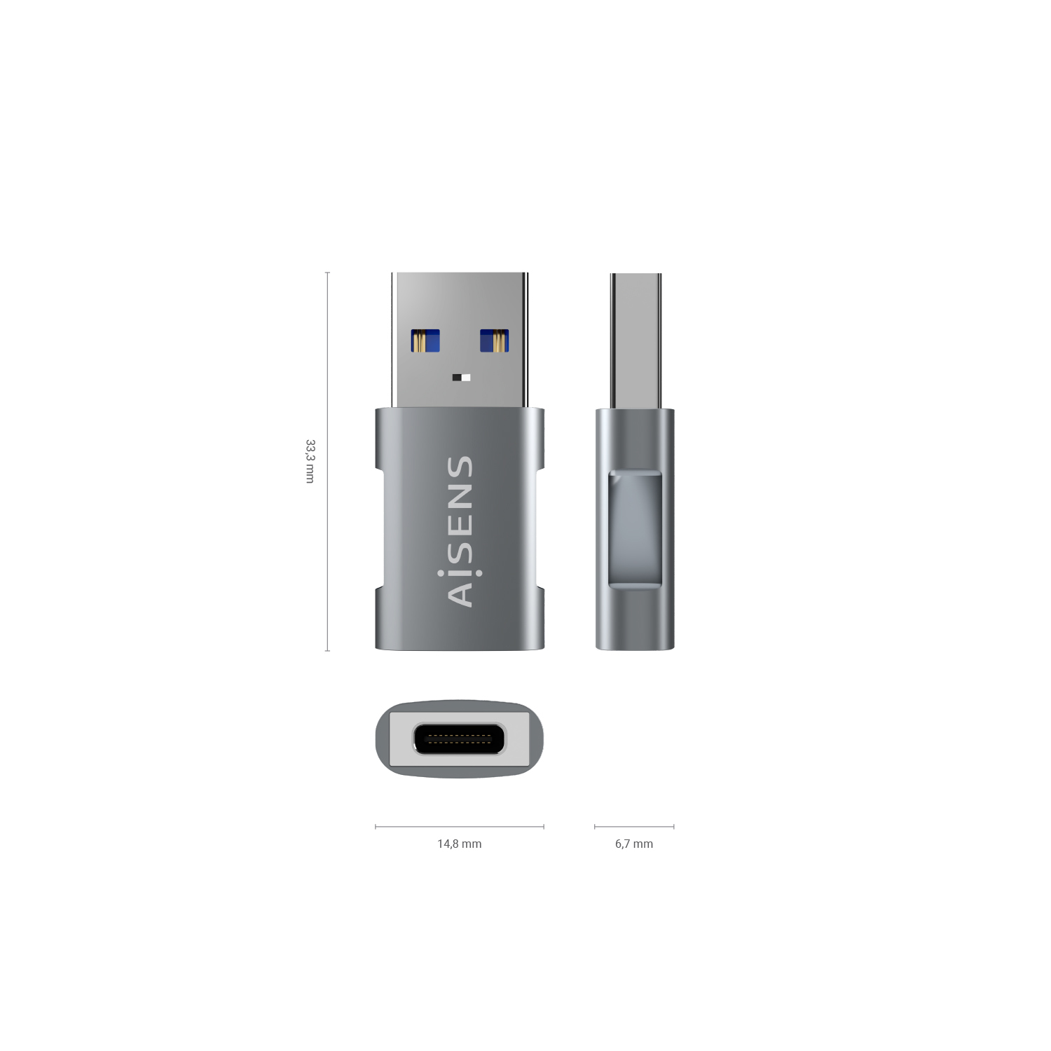 Una unidad flash USB-C plateada con conector USB-A. Las dimensiones están etiquetadas. La marca 'AiSens' está impresa en la unidad.