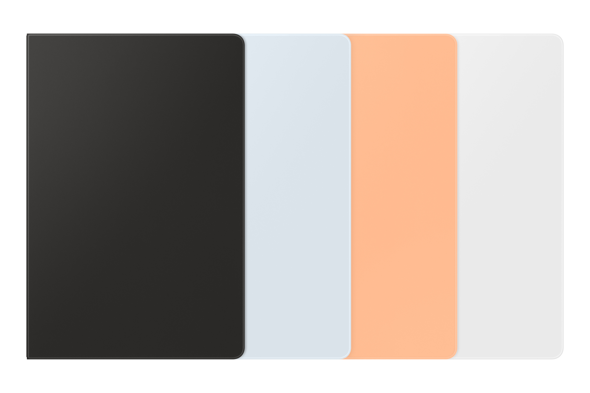 Cuatro formas rectangulares lado a lado: negro, azul claro, melocotón y blanco. Cada una tiene esquinas redondeadas y una superficie lisa.