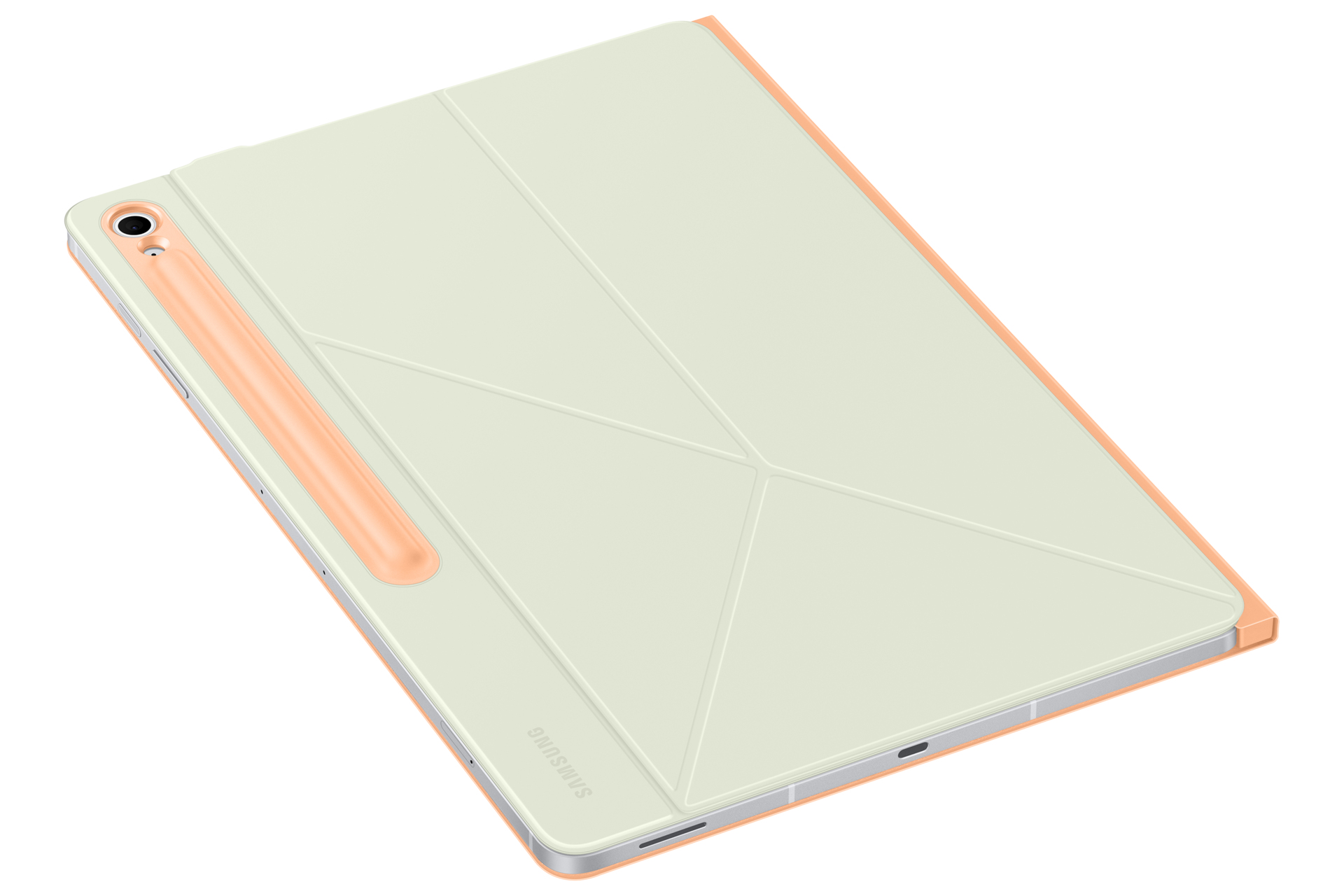 Funda para tableta con cubierta verde pastel, ribete naranja y soporte para lápiz. Logotipo de Samsung visible. Toma en ángulo.