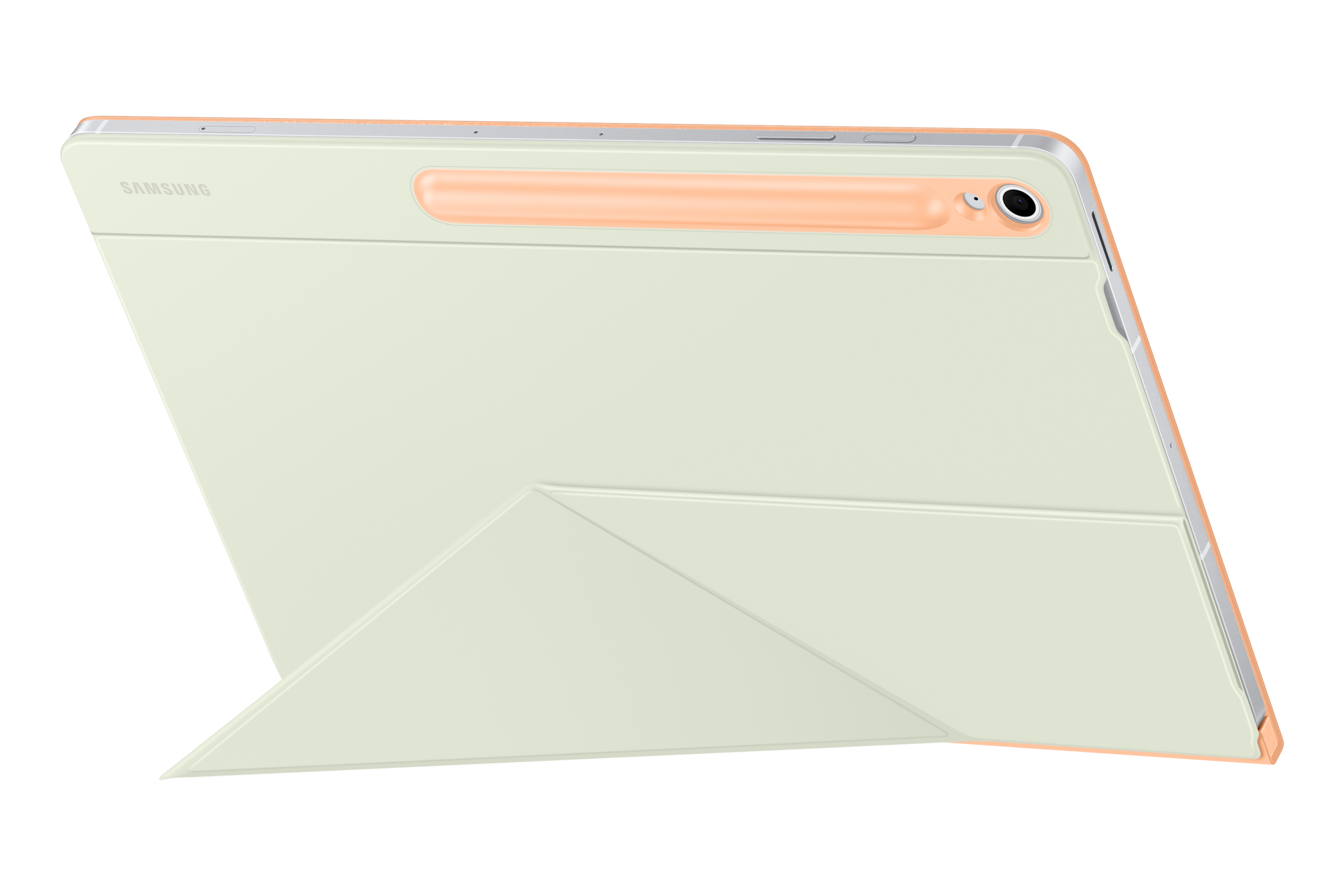 Una tableta con una funda verde claro y un soporte para bolígrafo color melocotón. La funda está doblada para sostener el dispositivo.