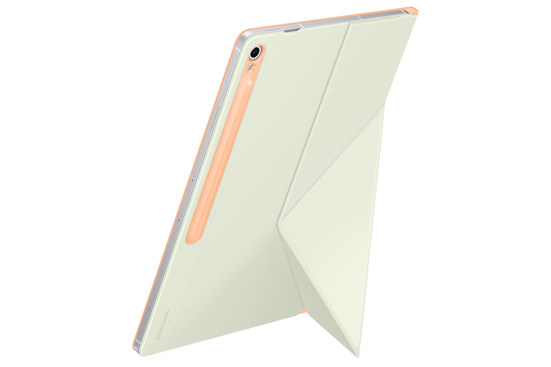 Tableta con funda verde claro y soporte para lápiz naranja. Funda plegada en soporte. Fondo blanco.