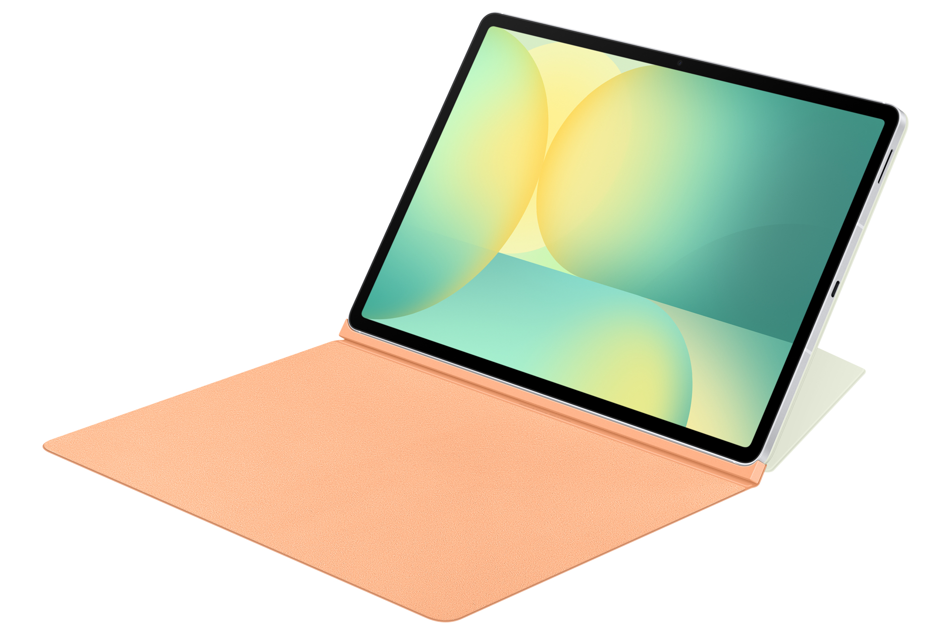 Una tableta con funda color melocotón y pantalla con degradado amarillo y verde azulado. El fondo es blanco.