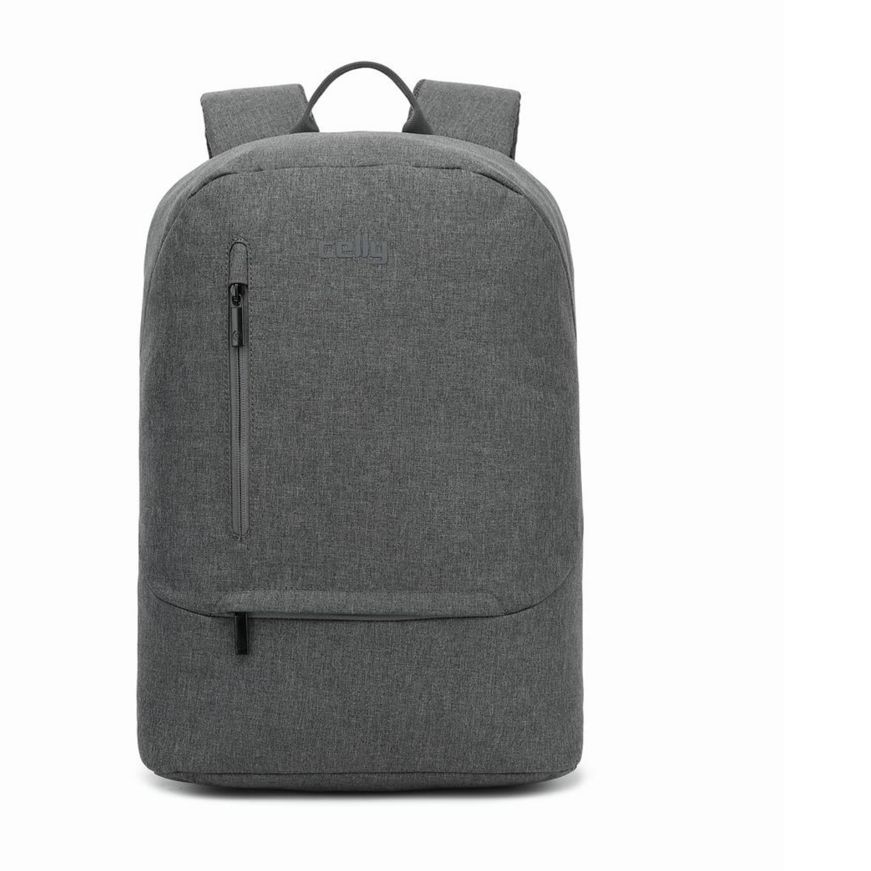 Ein grauer Rucksack mit zwei Reißverschlüssen, einem Griff und Schultergurten, vor weißem Hintergrund.