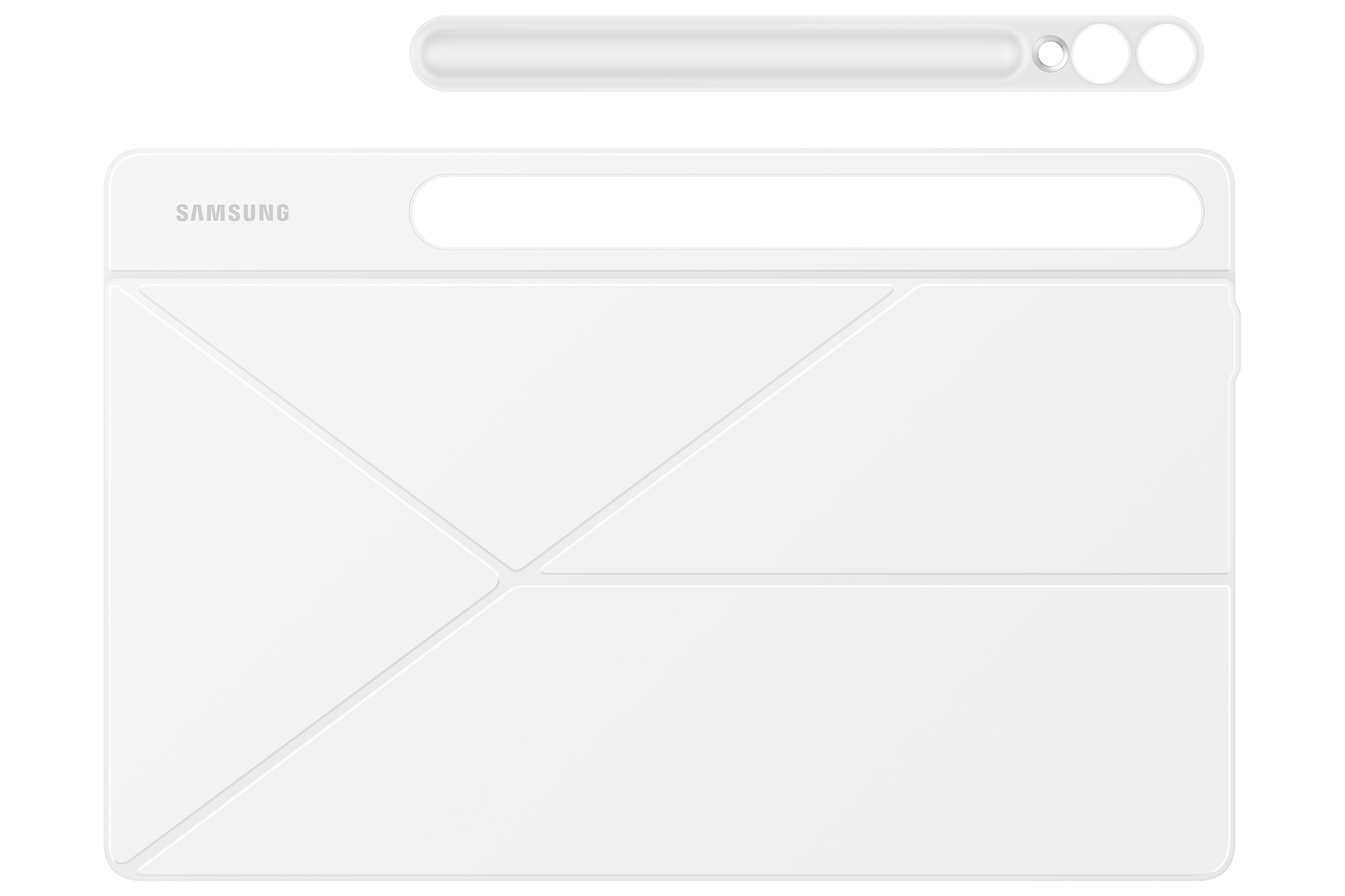 Biała osłona tabletu i rysik. Osłona ma logo Samsung i duży otwór. Rysik ma przycisk i dwa otwory.